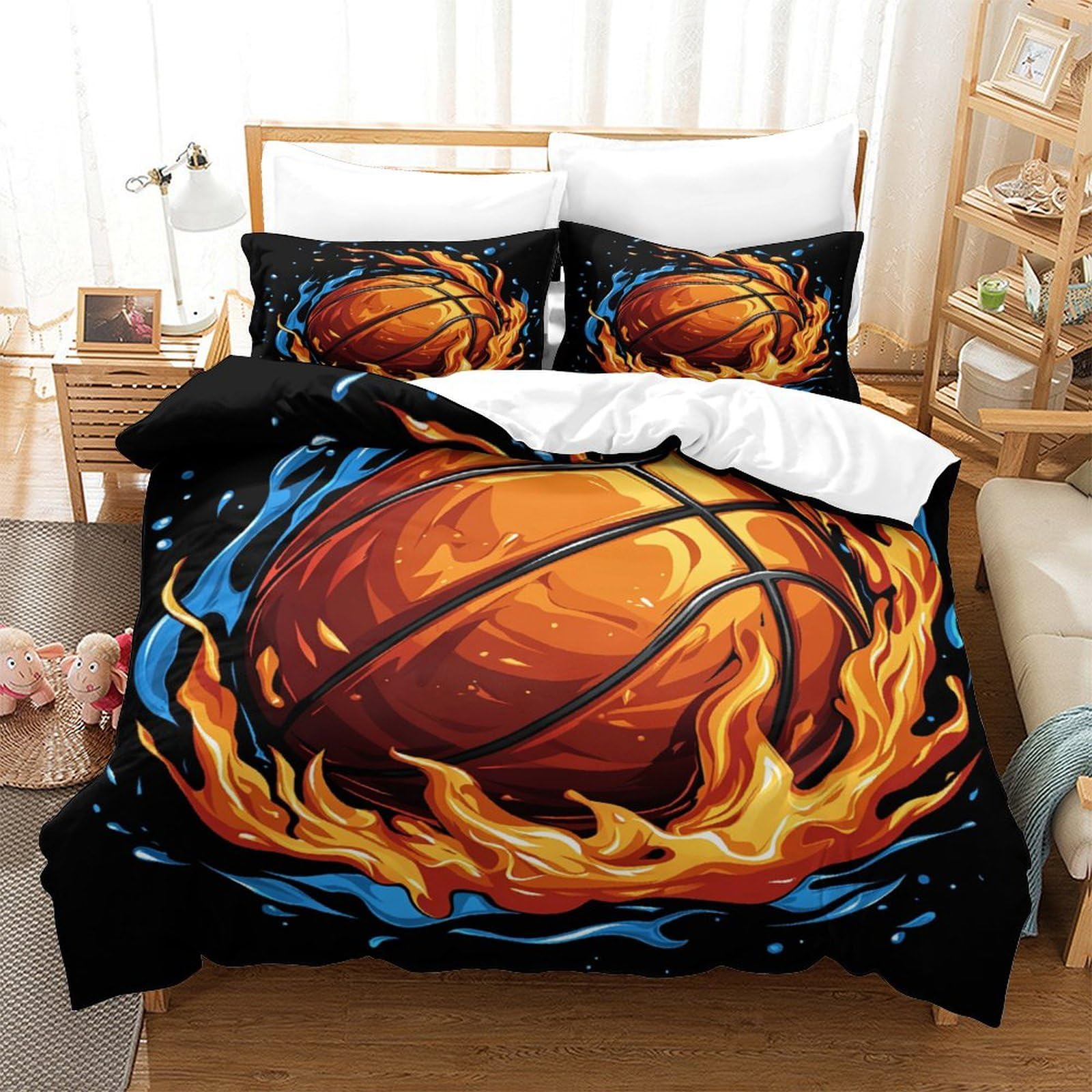 P1s9u7w5y Basketball-1 Dynamic Fire Basketball 3D Printed Duvet Cover Set 3Pcs Microfiber Basketball Sports Bedding Set Super King（260X220cm）
