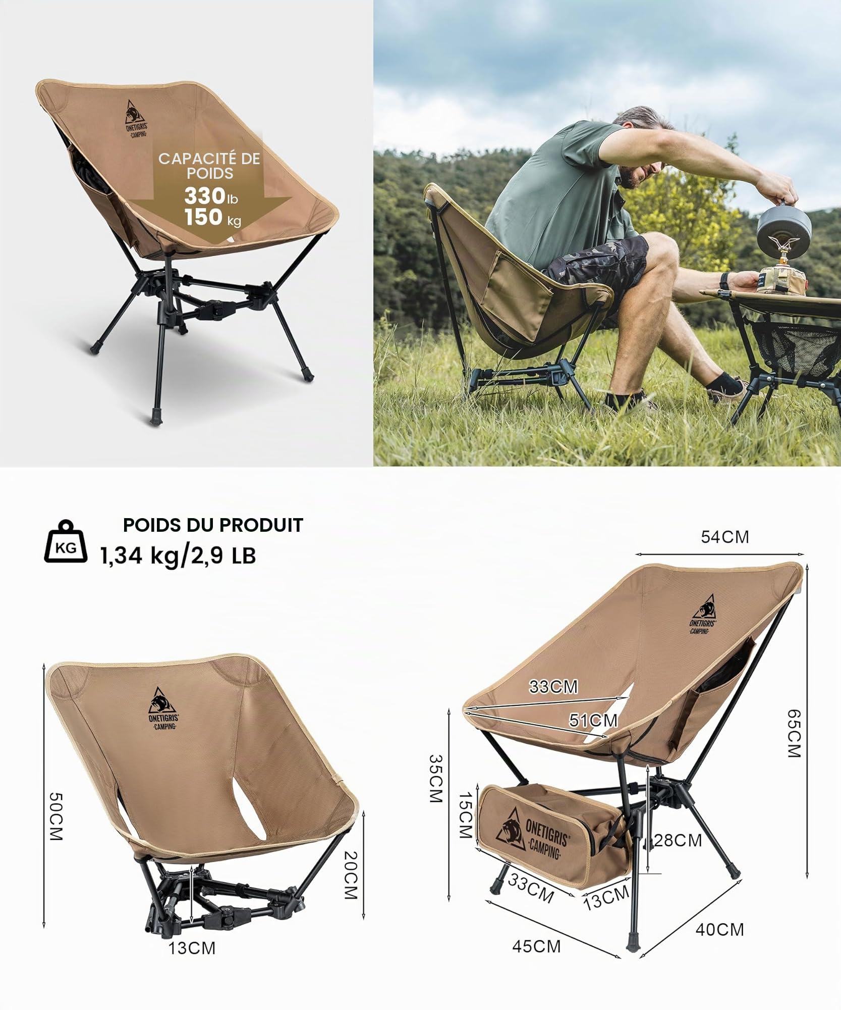 OneTigris TIGERBLADE Camping Fauteuil Pliable 150 kg, Cadre Triangulaire, Légère, avec 2 Poches Latérales, pour l'Extérieur, la Randonnée, Marron Coyote