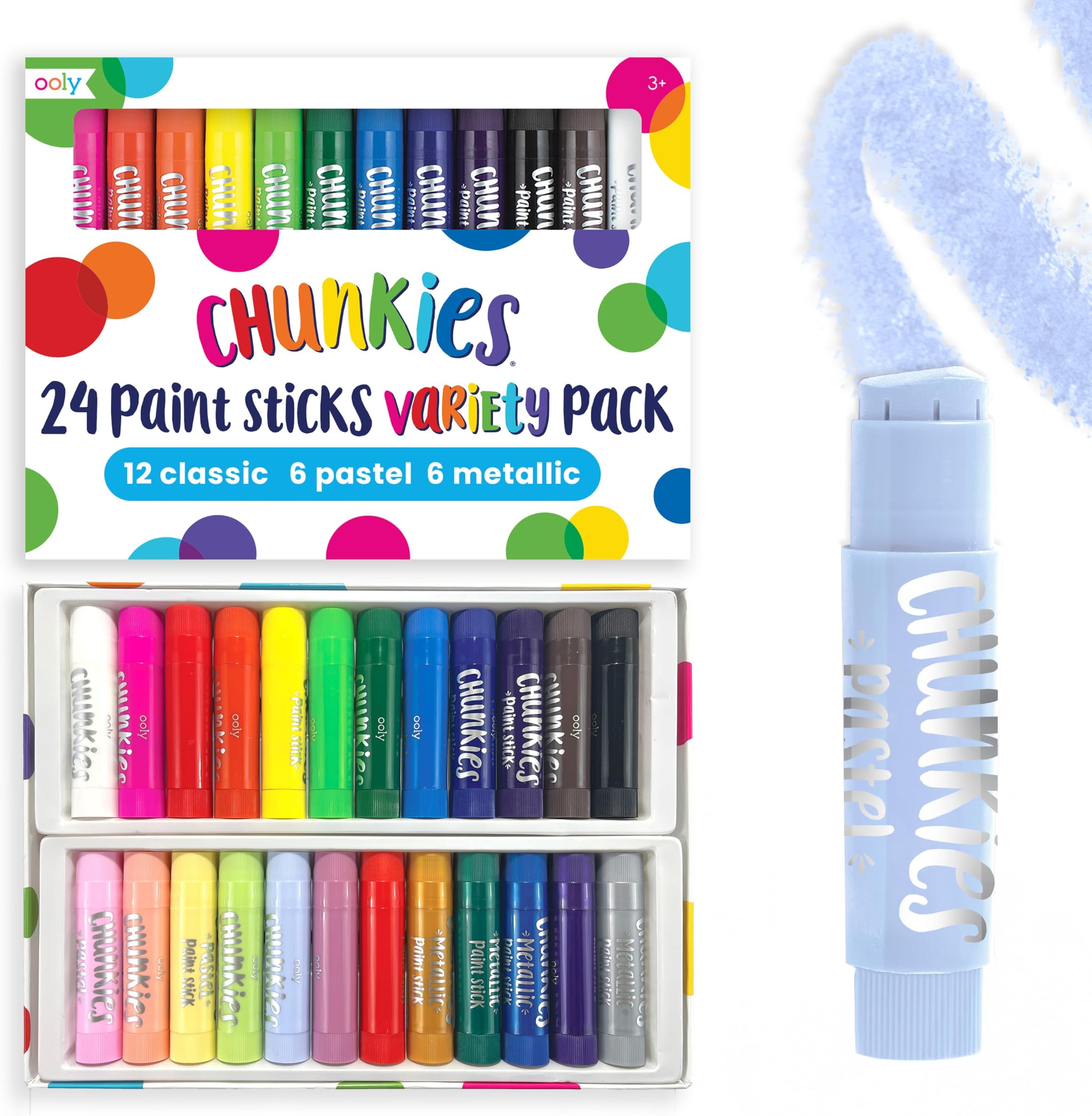 Chunkies Tempera Paint Sticks, Set of 24 - Classic, Pastel & Metallic | Ages 3+, Easy Grip, Kid-Safe, Quick-Drying, Non-Toxic, Mess-Free Art Supplies for Toddlers and Kids, Great Holiday Gift