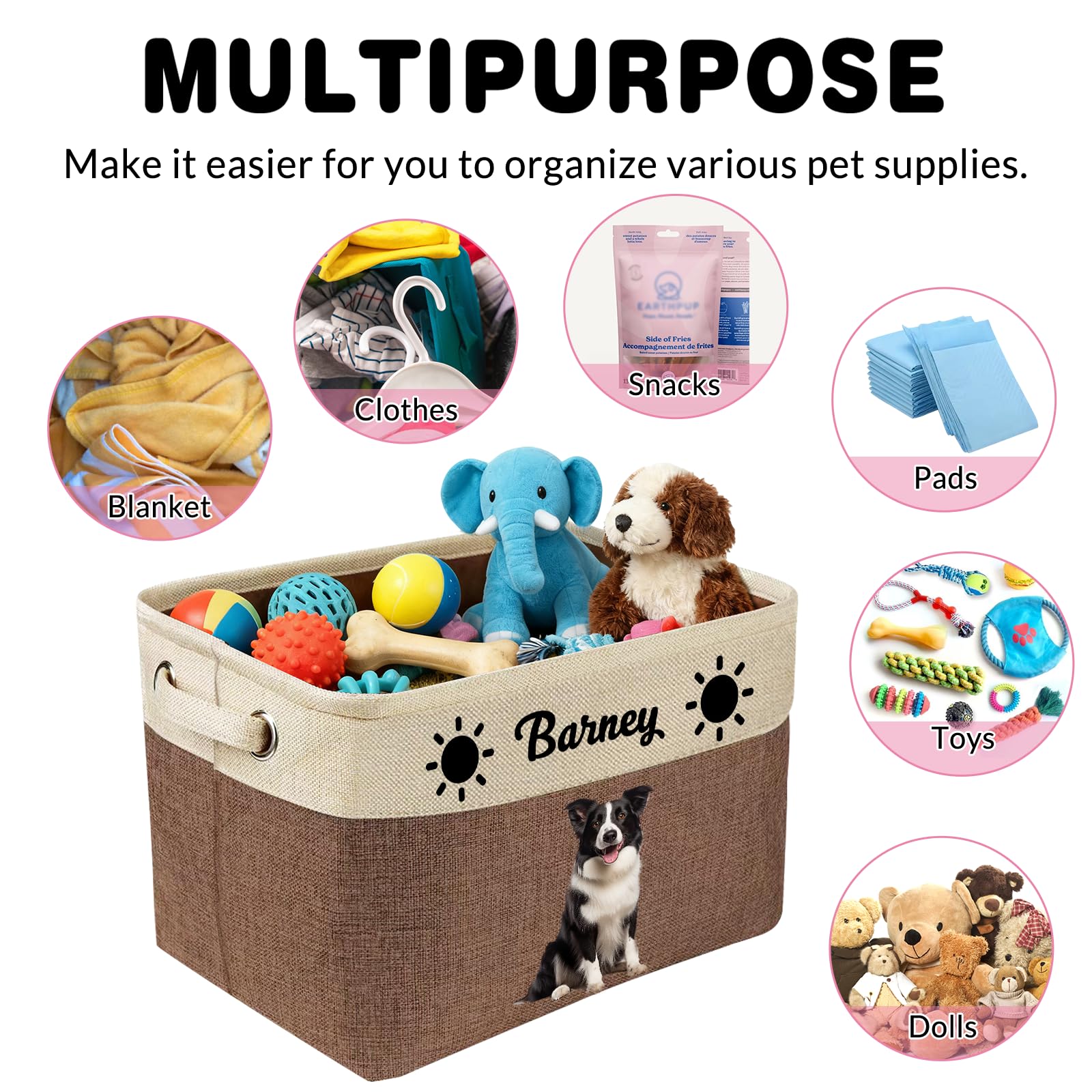 Cesto Portagiochi Personalizzato per Cani con Nome, Pieghevole e con Maniglie Robuste