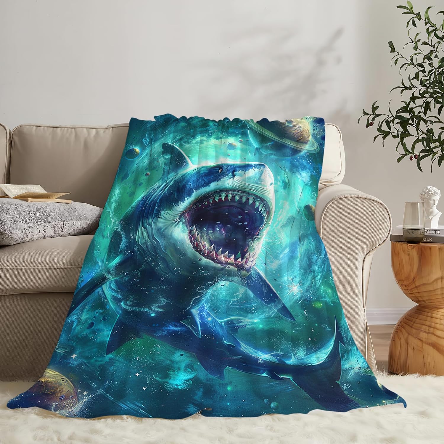 Funny Shark Throw Blanket, 60"x50", Multicolor, Microfiber, Shark Quilt, Modern Style, All Ages, All Seasons, Heavy Weight, Easy Care