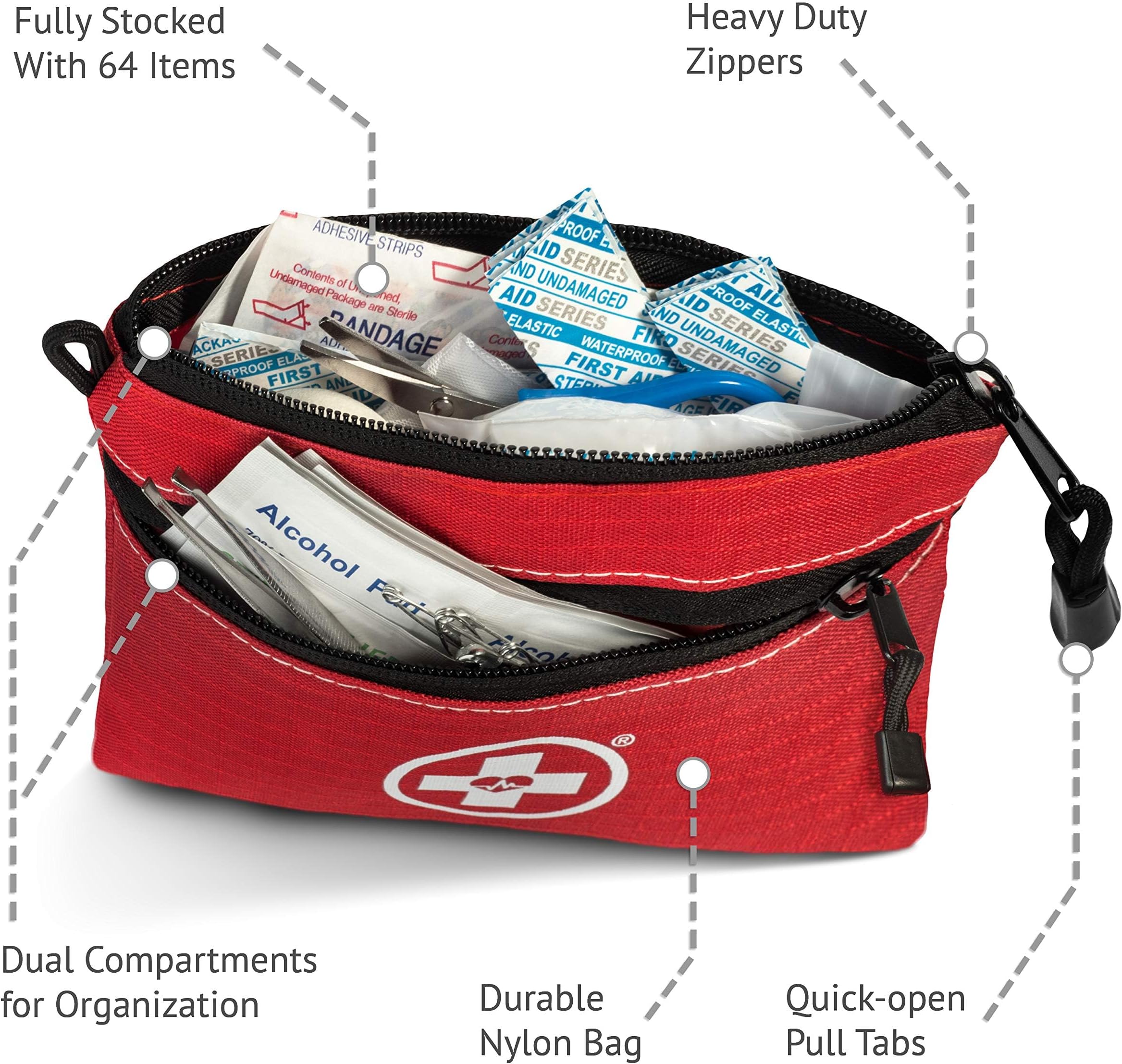 Swiss Safe 2-in-1 First Aid Kit for Car, Travel & Home, Businesses - Bonus Mini Kit for Medical Emergency Aid, Survival, Camping - FSA & HSA Eligible - 64 Piece, 1 Pk - Red - Travel