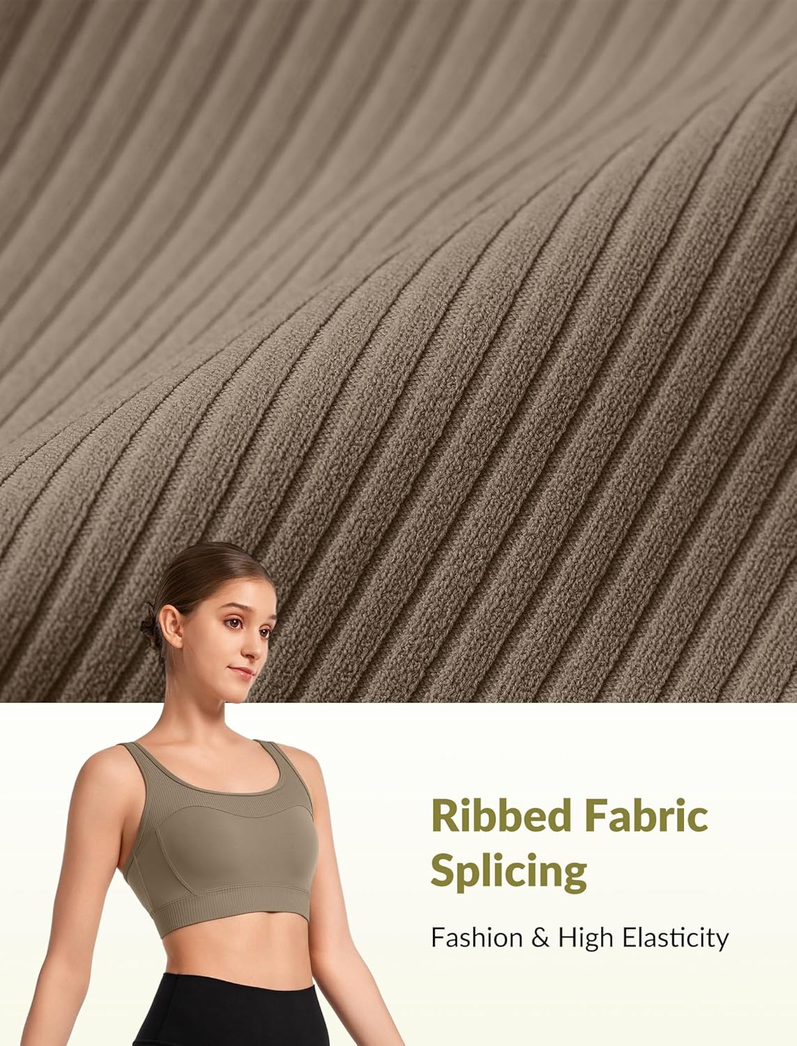 Yvette Workout Sports Bra for Women - Rib-Knit Patchwork Design, Elastic Wide Strap Yoga Bra Gym Top Grey - Image 5