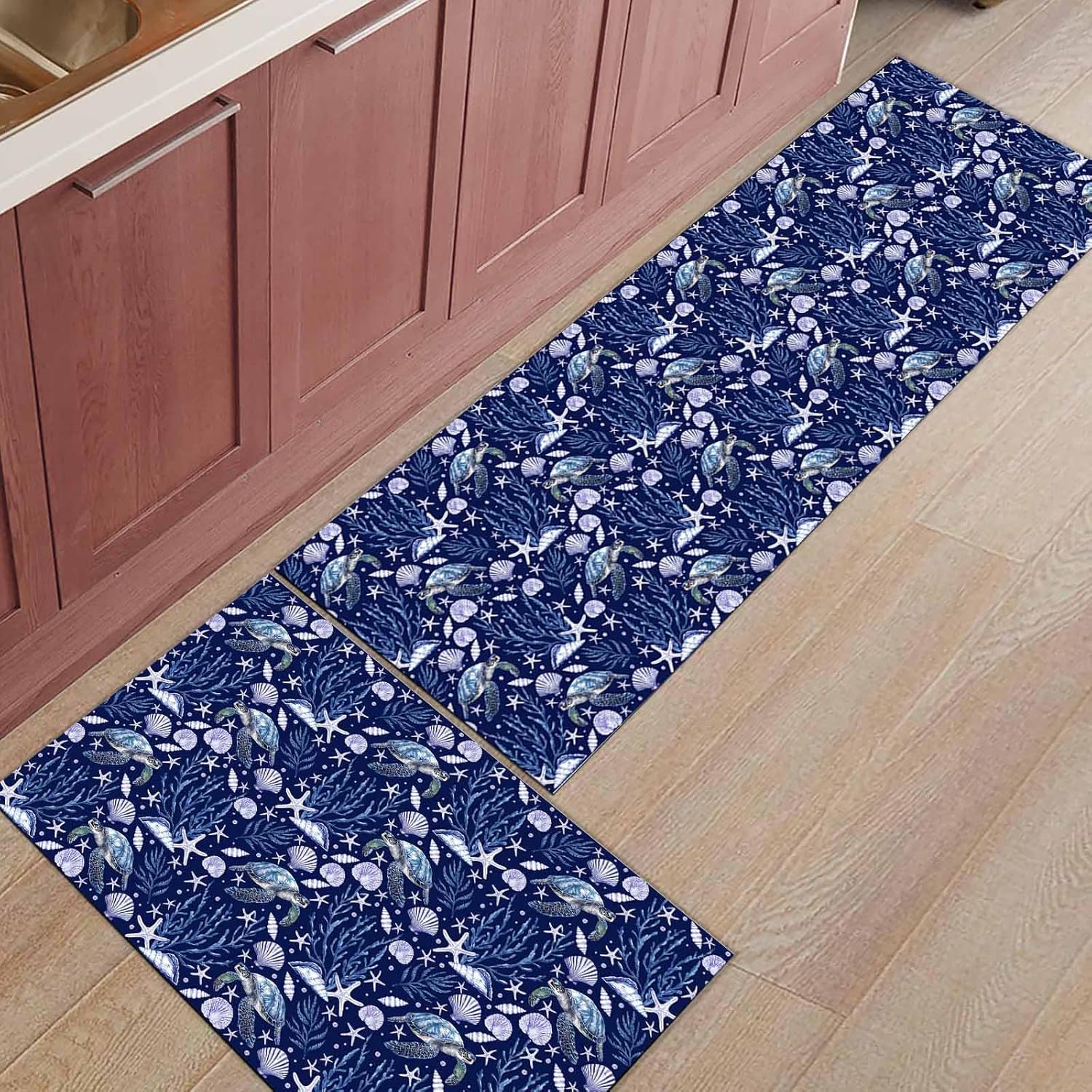 2 Pieces Kitchen Rugs and Mats,Seamless Starfish Coral Shell Turtle Area Runner Rug Set Non Slip Floor Doormat Washable Carpet Standing Mat for Kitchen Sink Indoor Corridor,Blue Marine Creature