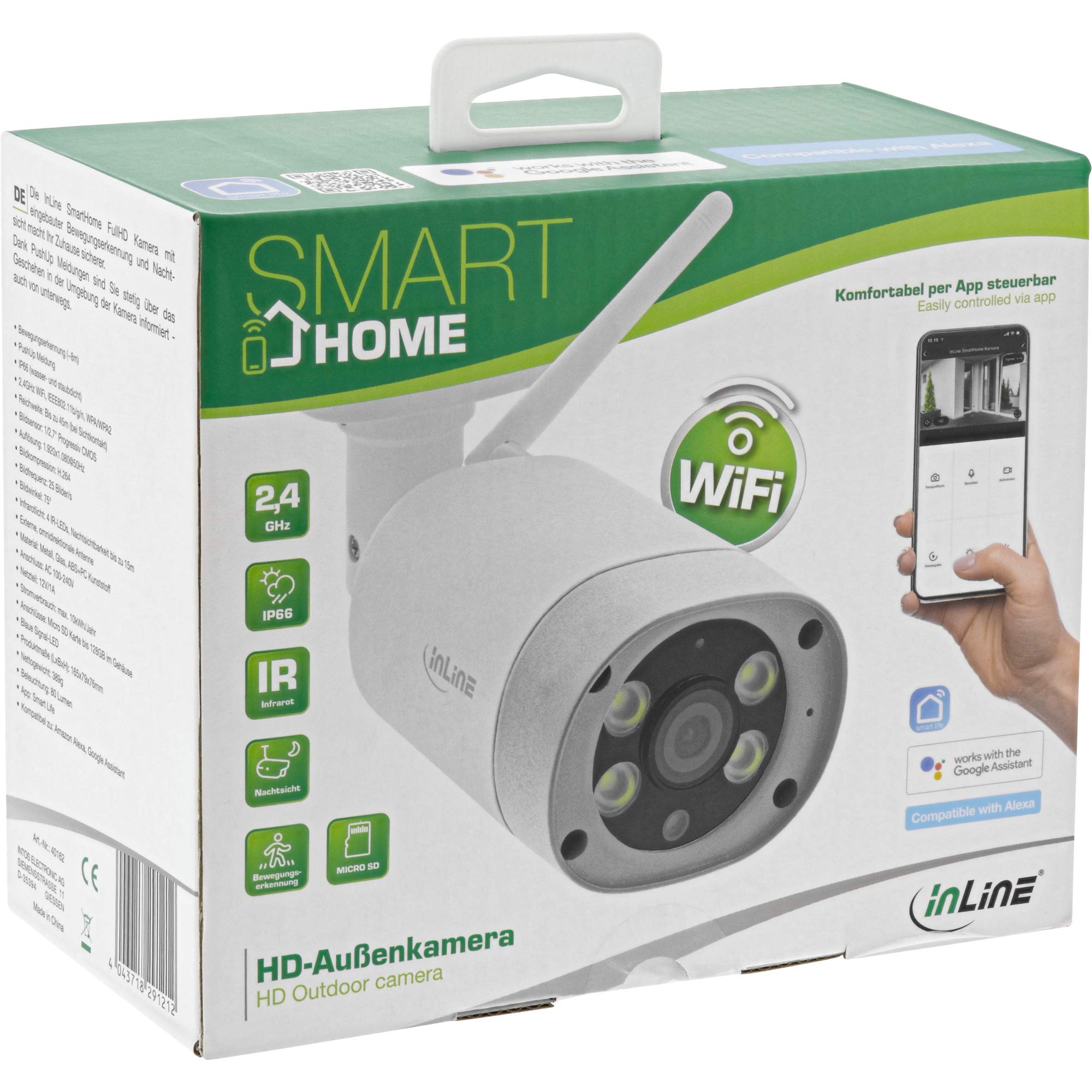 InLine® SmartHome - Telecamera per esterni HD con luce LED, IP66
