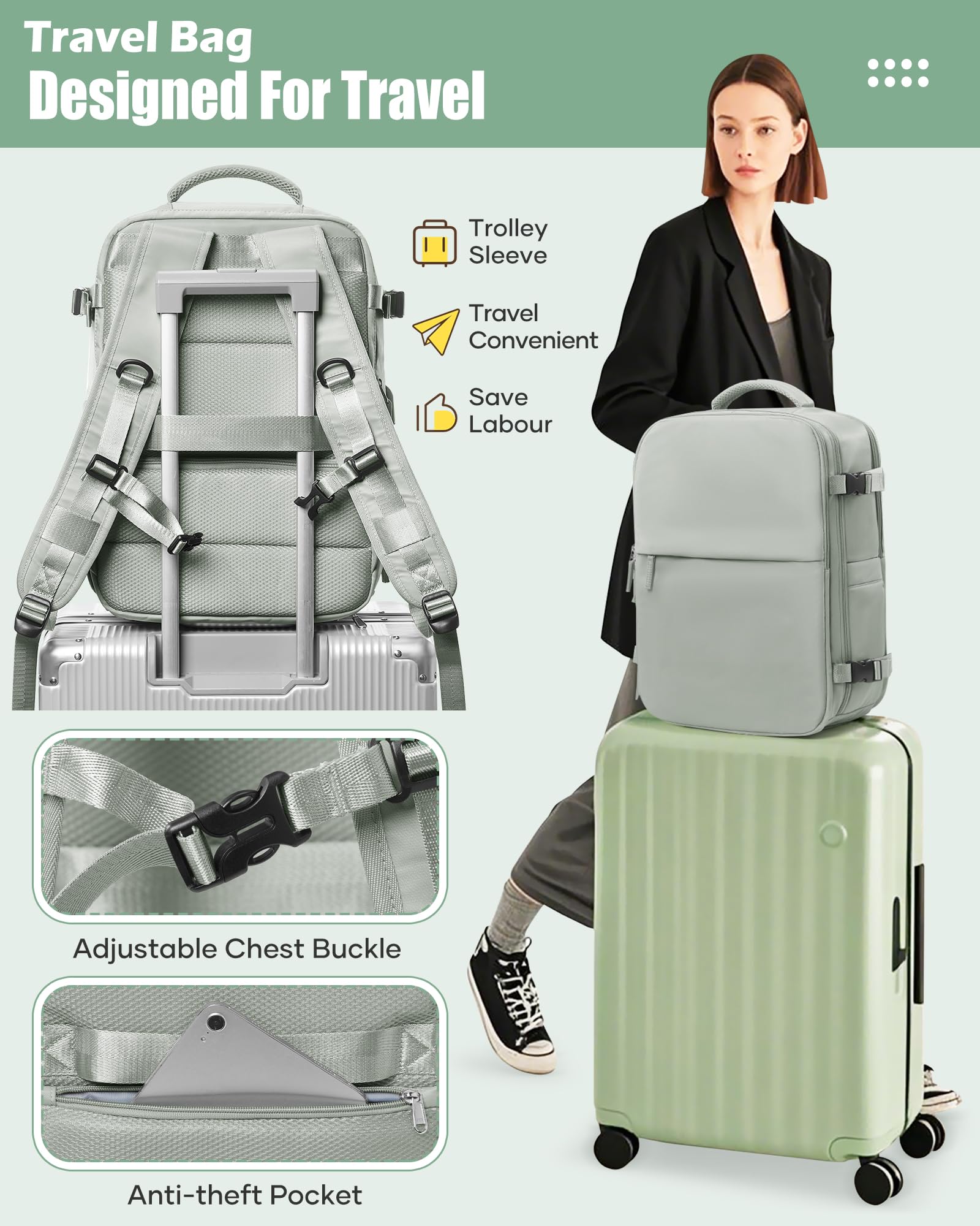 suradar Vakuum Rucksack Handgepäck Vacpack, Vacuum Backpack Travel Airbag Rucksack mit Vakuumsystem für Easyjet Handgepäck 45x36x20 für Flugzeug Reiserucksack Vakuum Herren und Damen Grasgrün