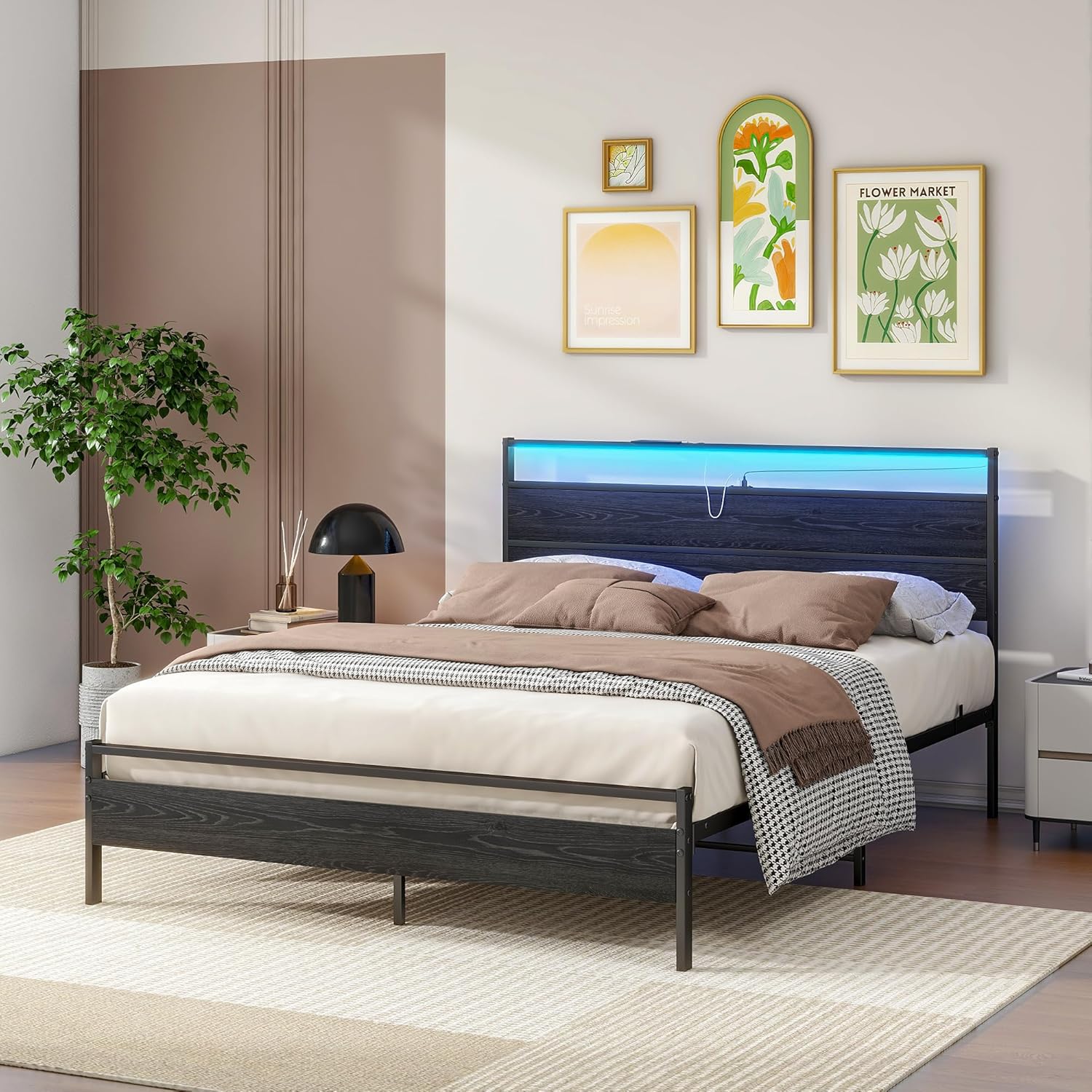 BOFENG Queen Bed Frame,Queen Size Metal Platform Bed Frame with Storage & LED Light Headboard and USB Charging Station,No Box Spring Needed,Heavy Duty Metal Slats,Noise Free,Black - Image 3