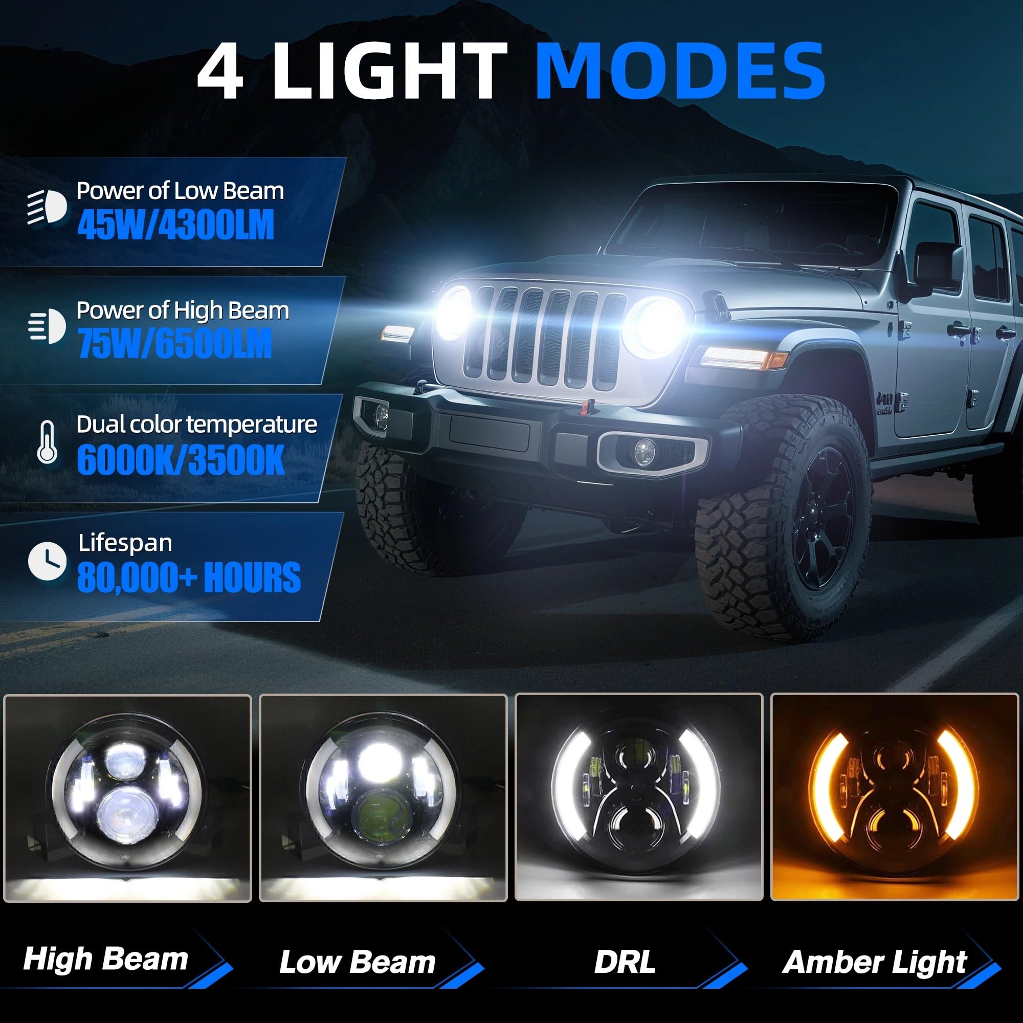 Faro Led de 7 "para coche, luz de conducción Led de haz Alto y Bajo DRL, ámbar blanco, IP68, para motocicleta, todoterreno, 12V, 24V Luz Delantera de Motocicleta(1pcs 5.75inch)
