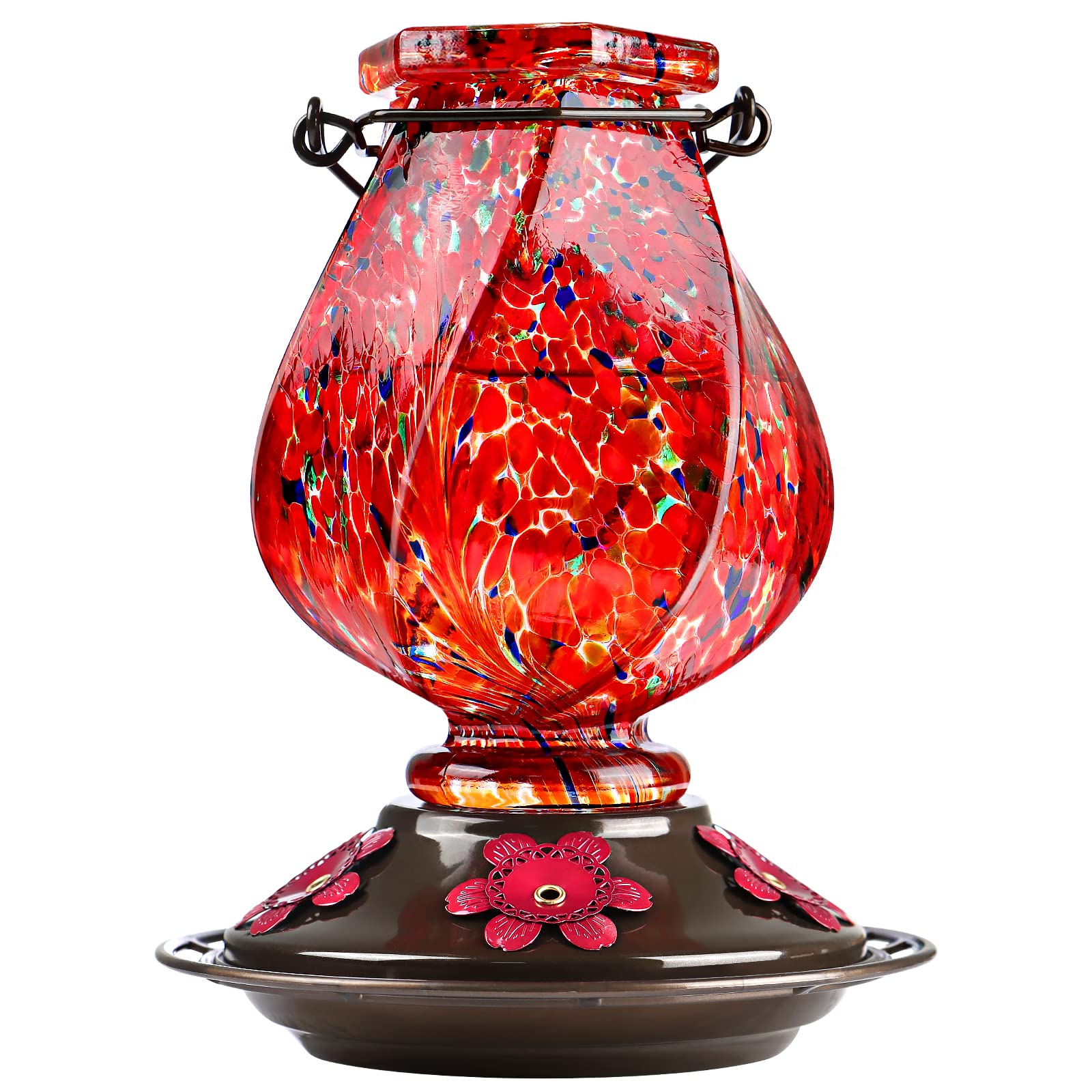 BOLITE Hummingbird Feeder, 18058R Hand Blown Glass Hummingbird Feeders for Outdoors Hanging, 22 Ounce, 5 Feeding Ports with Perch, Red