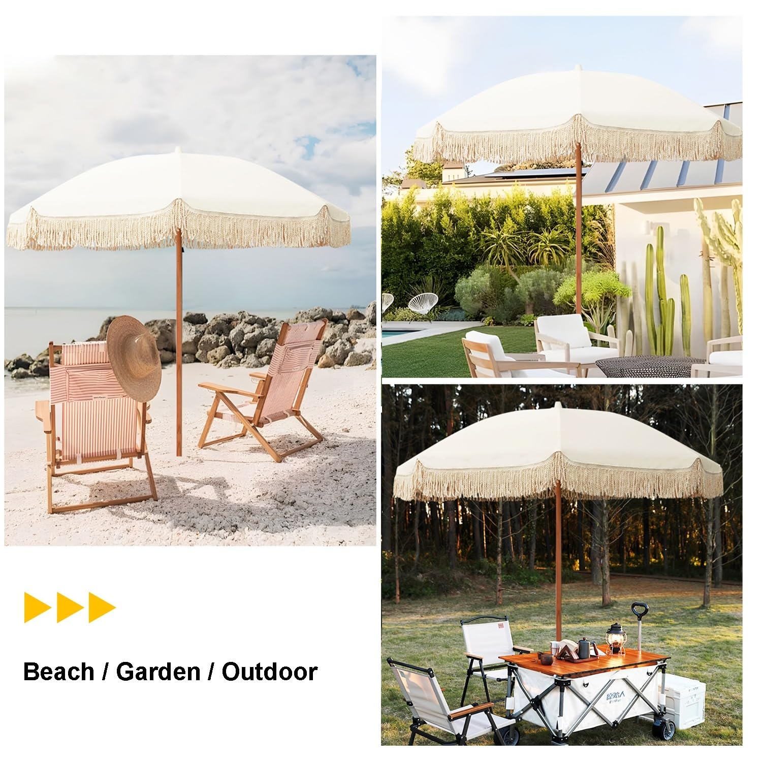 2.0m Parasol De Terrasse, Parasol De Plage Bohème En Bois Avec Ancrage, UV 50+, Baleines En Fibre De Verre, Blanc