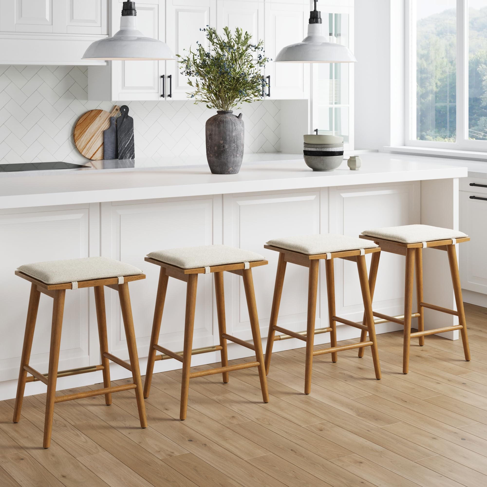 Nathan JamesBarker Counter Height Solid Wood Barstool with Upholstered Cushion, Backless Island Stool with Rubberwood Legs and Natural Textured Linen Upholstery for Kitchen, Brown/White, Set of 4