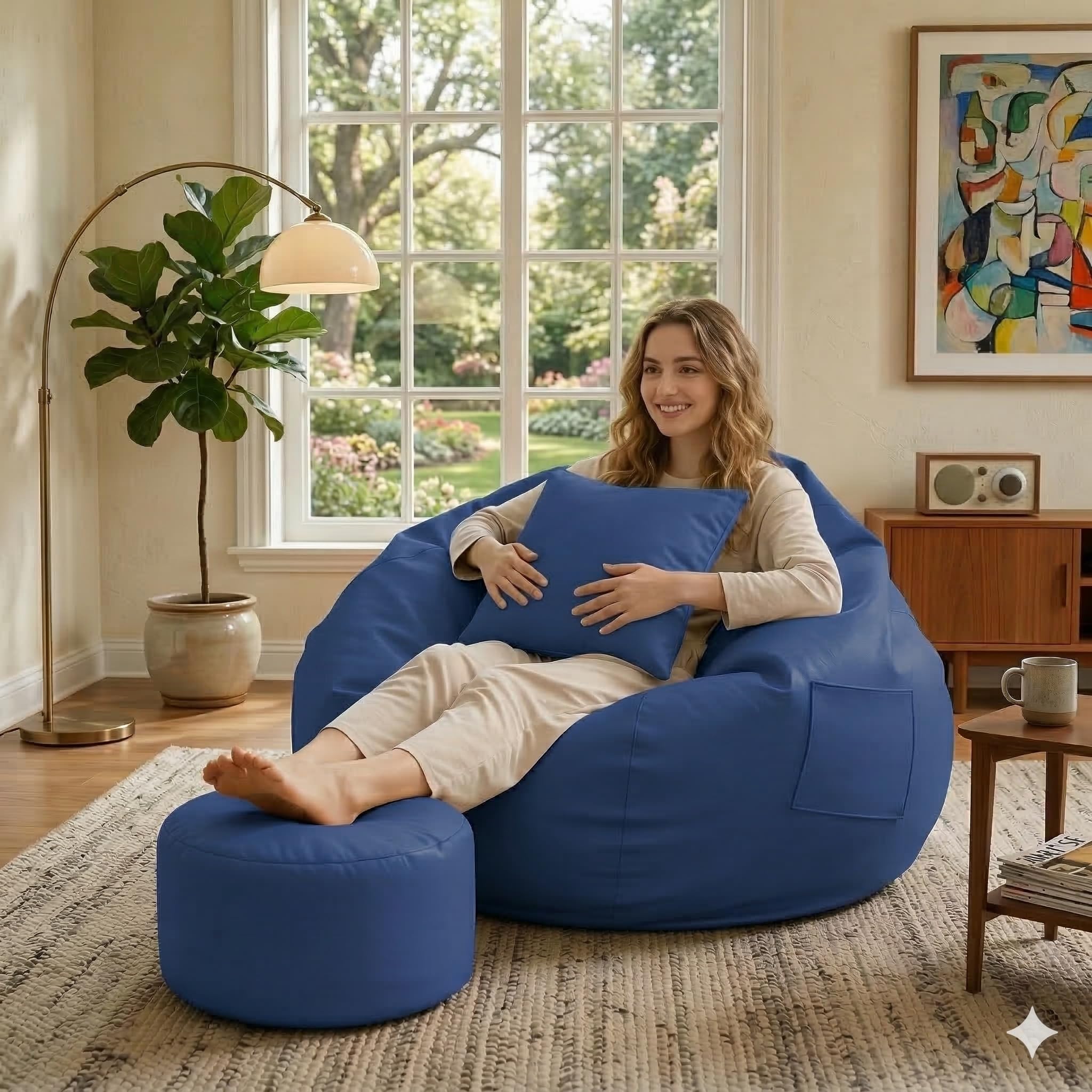 IVIKA Bean Bag with Stool & Cushion | XXXXL Size Premium Leatherette Bean Bag for Gaming, Living Room & Bedroom (4XL - Blue)-picture-22