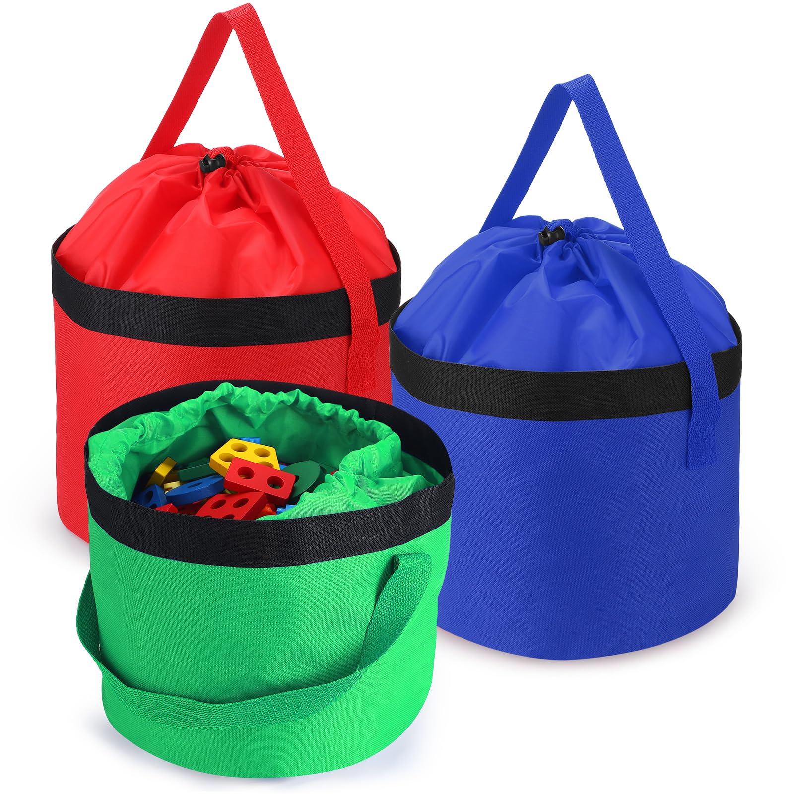 3 Packs Toy Storage Drawstring Bags with Clear PVC Base, Reusable Oxford Fabric Organizing Bucket Bags, Toy Bags for Building Blocks, Board Games Storage (Blue, Green, Red)