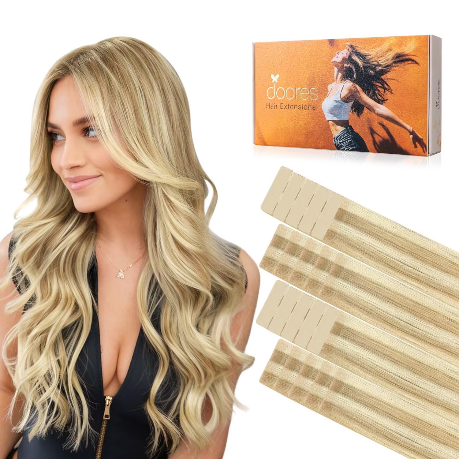 DOORES Invisi Edge Tape in Hair Extensions Human Hair, Light Blonde Highlighted Golden Blonde 10 Injection Tape-ins with 10 Classic Tape-ins 50g 18