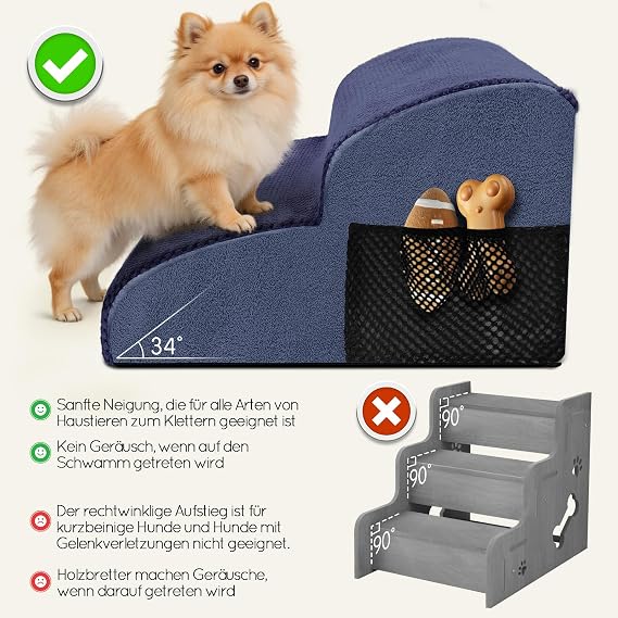 Dog Stairs for Small Dogs 2 Steps Dog Stairs with Removable Washable Cover Non-Slip Stairs for Dogs Cat Stairs for Sofa and Bed Blue
