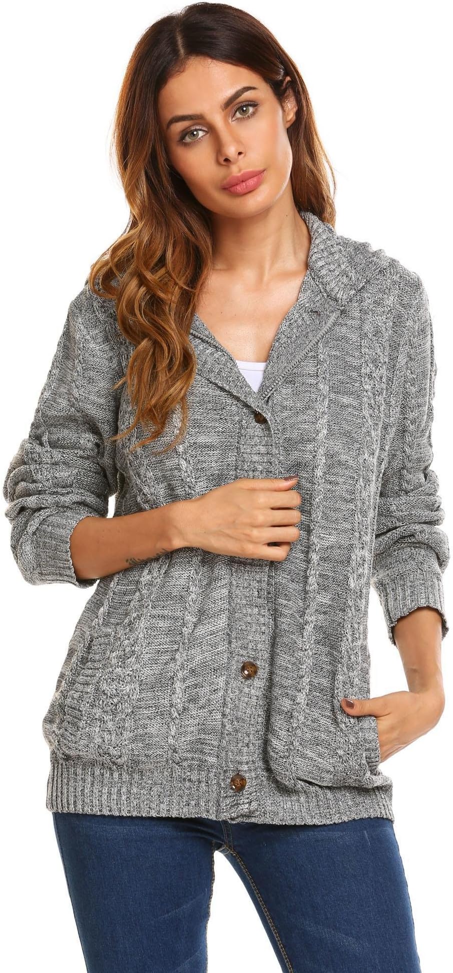Women Grey Sweater Casual Cable Knit Button Down Long Sleeve Cardigan