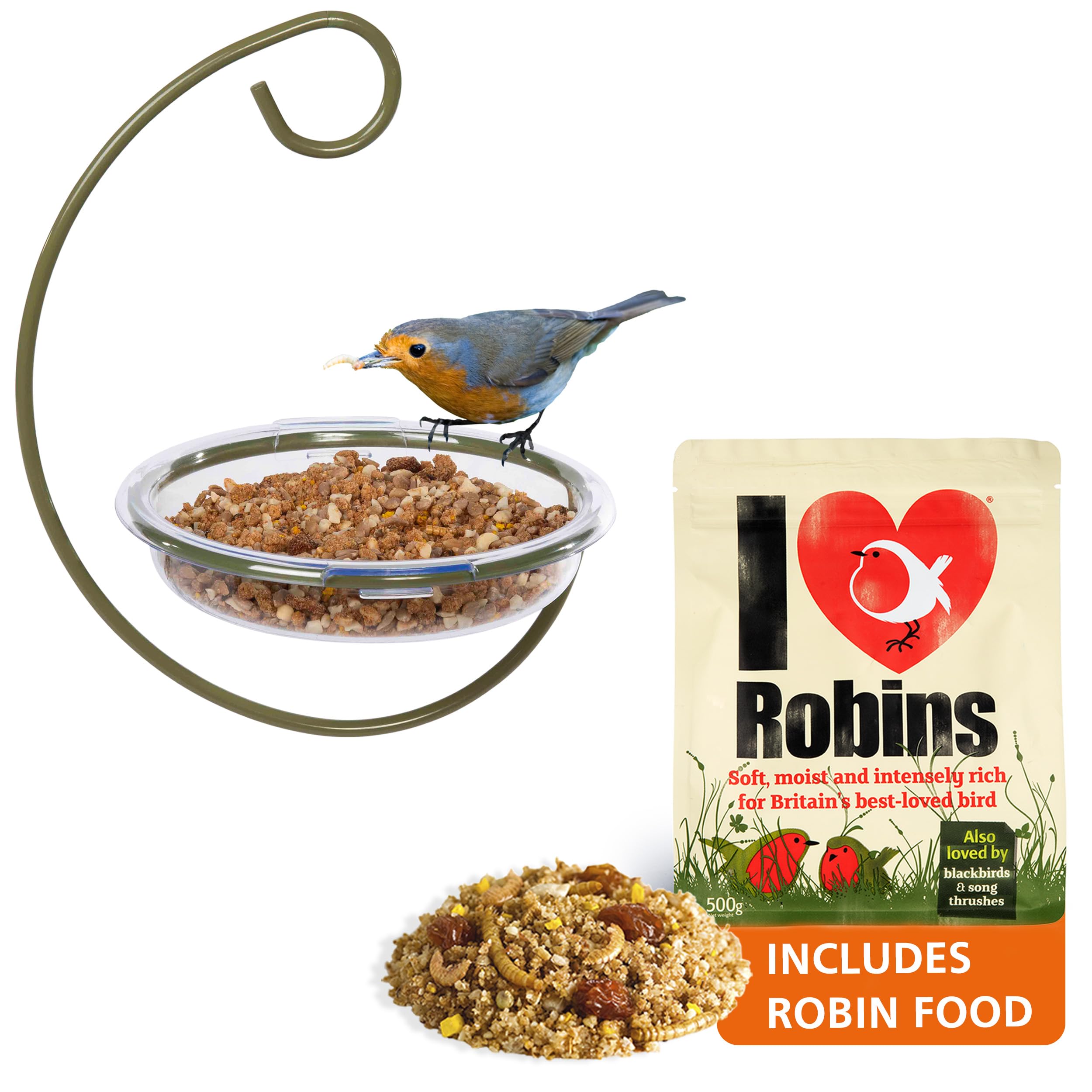 Robin bird feeder with food - Jacobi Jayne® Easy-Clean Hanging Treat Dish and I Love Robins® food - Ideal for Bird Seed, Mealworms & table scraps - Hanging bird feeder for wild bird food