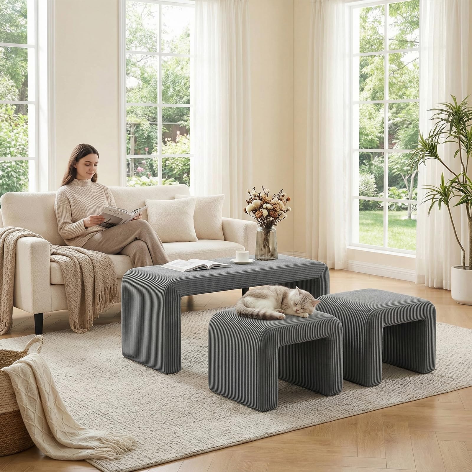 Clevich Juego de 3 Bancos tapizados, Banco al pie de la Cama, con 2 taburetes pequeños, cómodo Banco de Entrada/tocador, Moderno Banco Curvo, para Sala de Estar/Dormitorio/Entrada, Gris