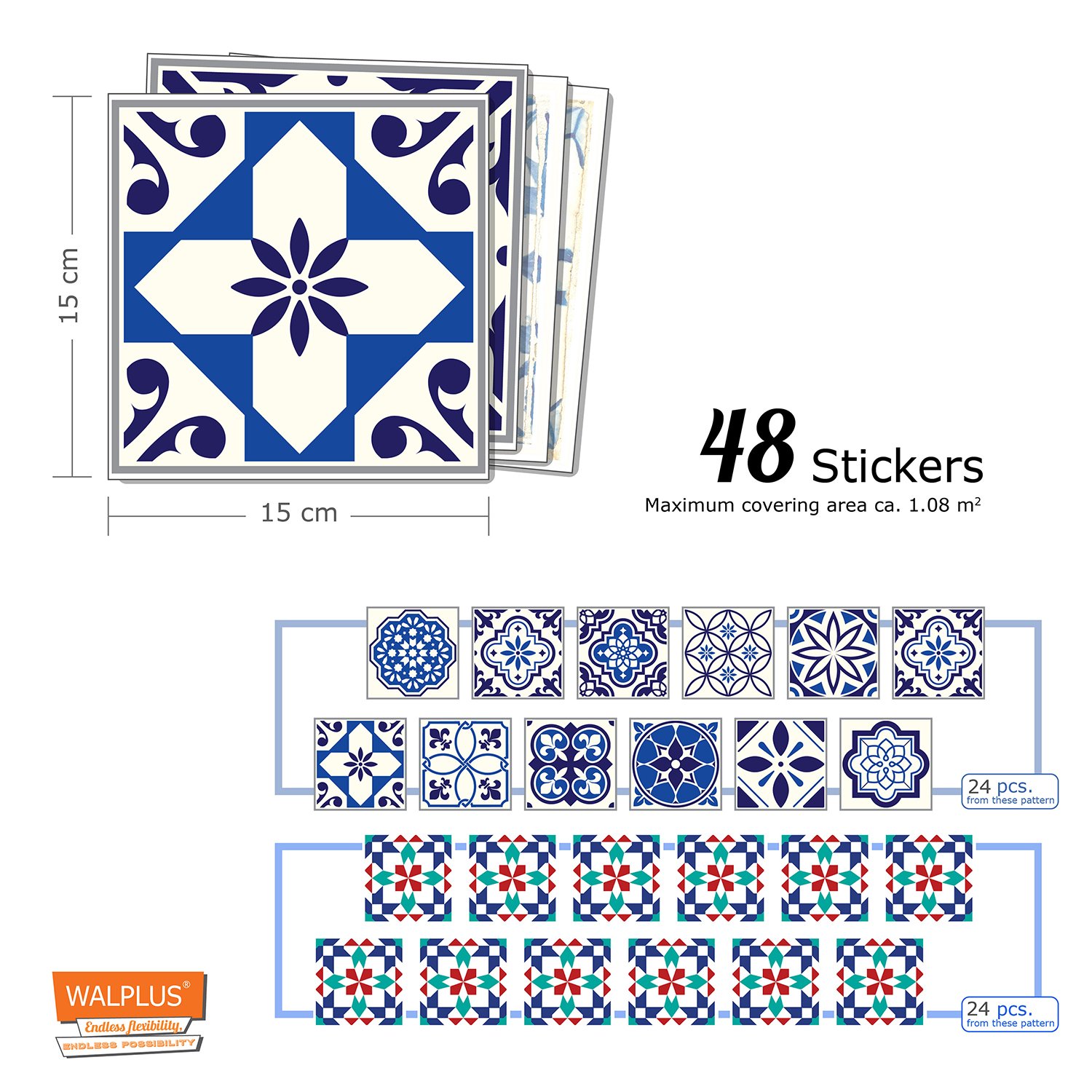 WALPLUS Spanische & Marokkanische Fliesenaufkleber - 24 Stück 15x15cm Selbstklebend Für Küchenrückwand & Bad