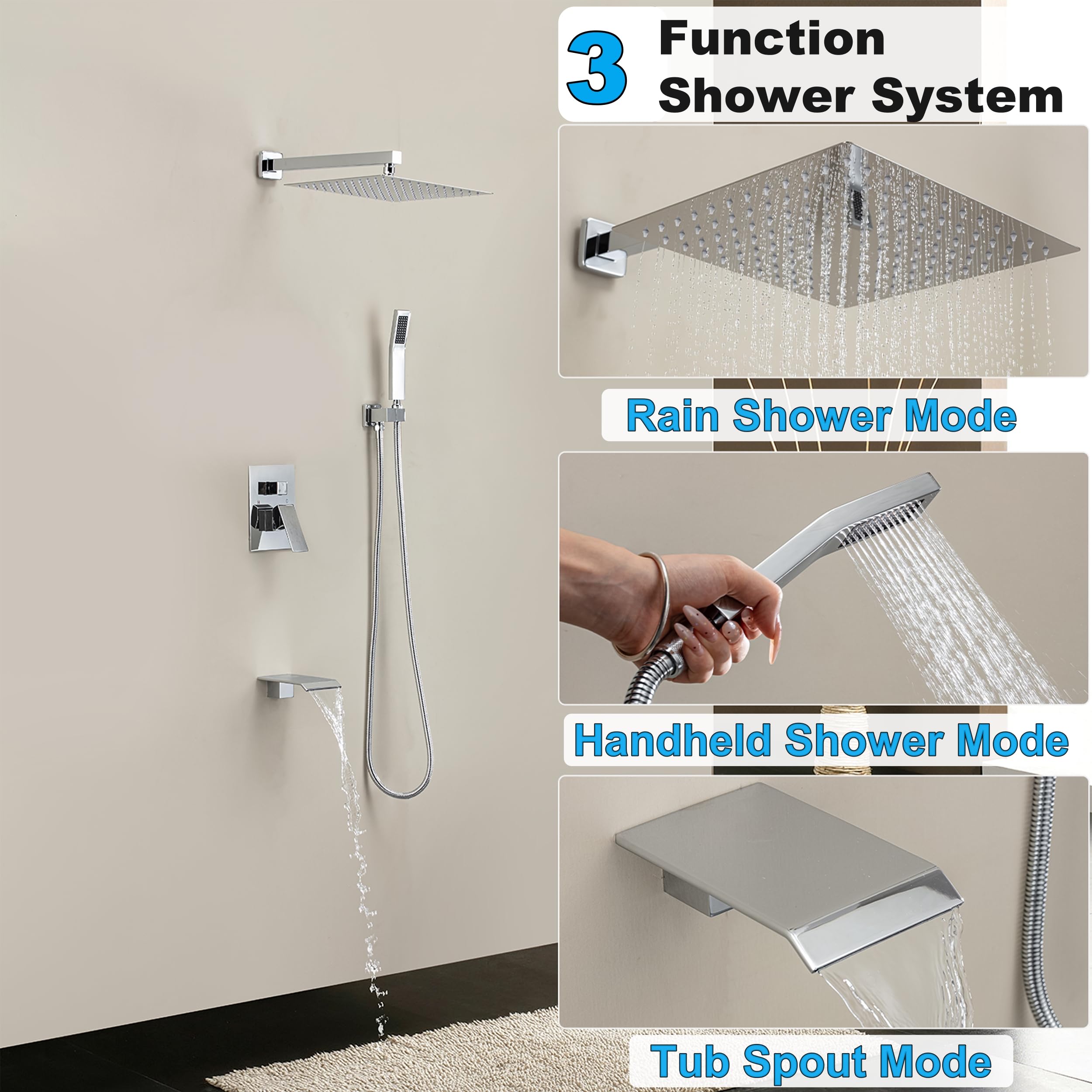 Sistema doccia con beccuccio per vasca, set doccia a parete per bagno con soffione a pioggia ad alta pressione da 25,4 cm e soffione doccia portatile, cromato lucido