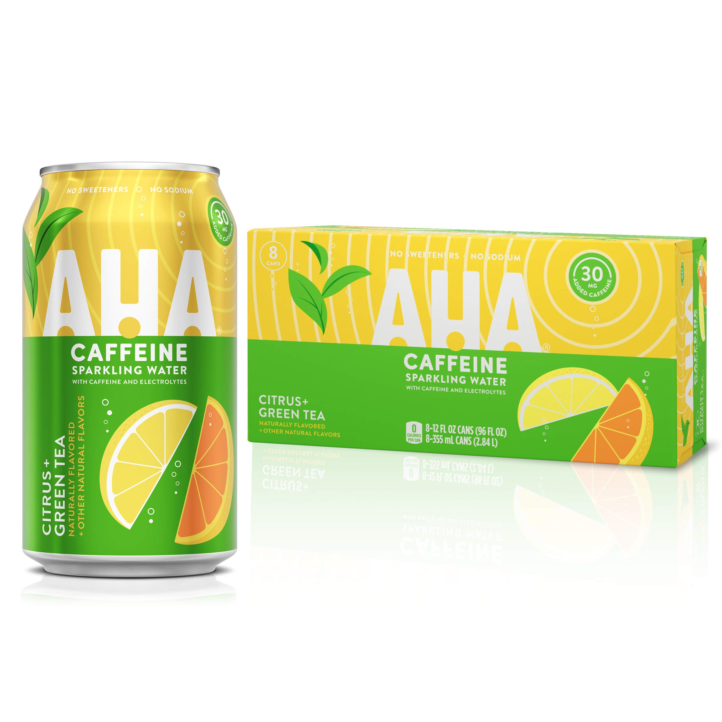 AHA Sparkling Water, Citrus + Green Tea Flavored Water, with Caffeine & Electrolytes, Zero