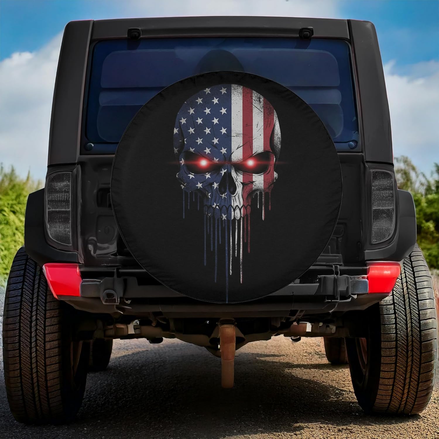 ThangPham Shop US Flag Skull Spare Tire Cover with/Without Backup Camera Hole – Skull Theme Design for Lovers