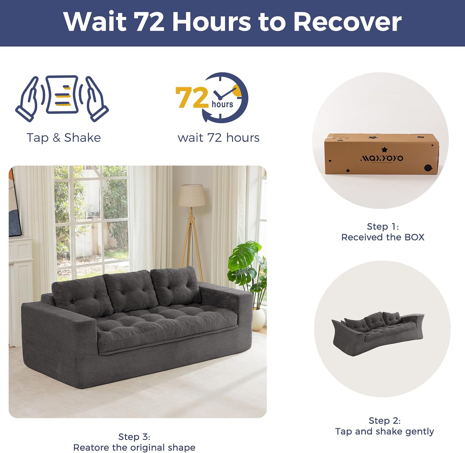 MAXYOYO 79" Loveseat Sofa Couch for Small Spaces, Upholstered Boneless Cloud Couch for Apartment Bedroom, 3-Seater Love Seat Floor Modern Sofa with Pillows, No Assembly Required, Dark Grey