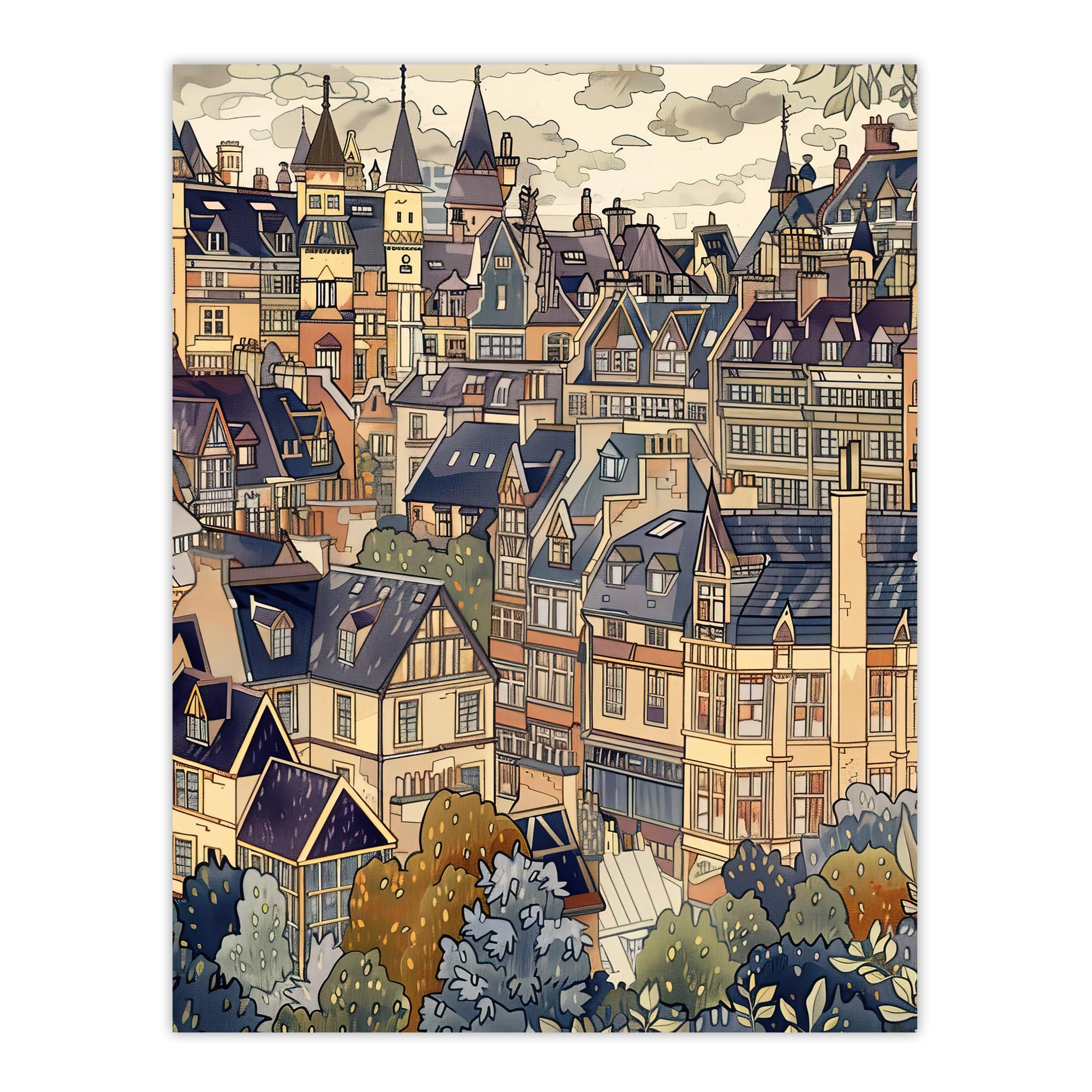 Cityscape Painting - Townhouses in Trees Wall Art Print - W24 inch x H32 inch - Artery8