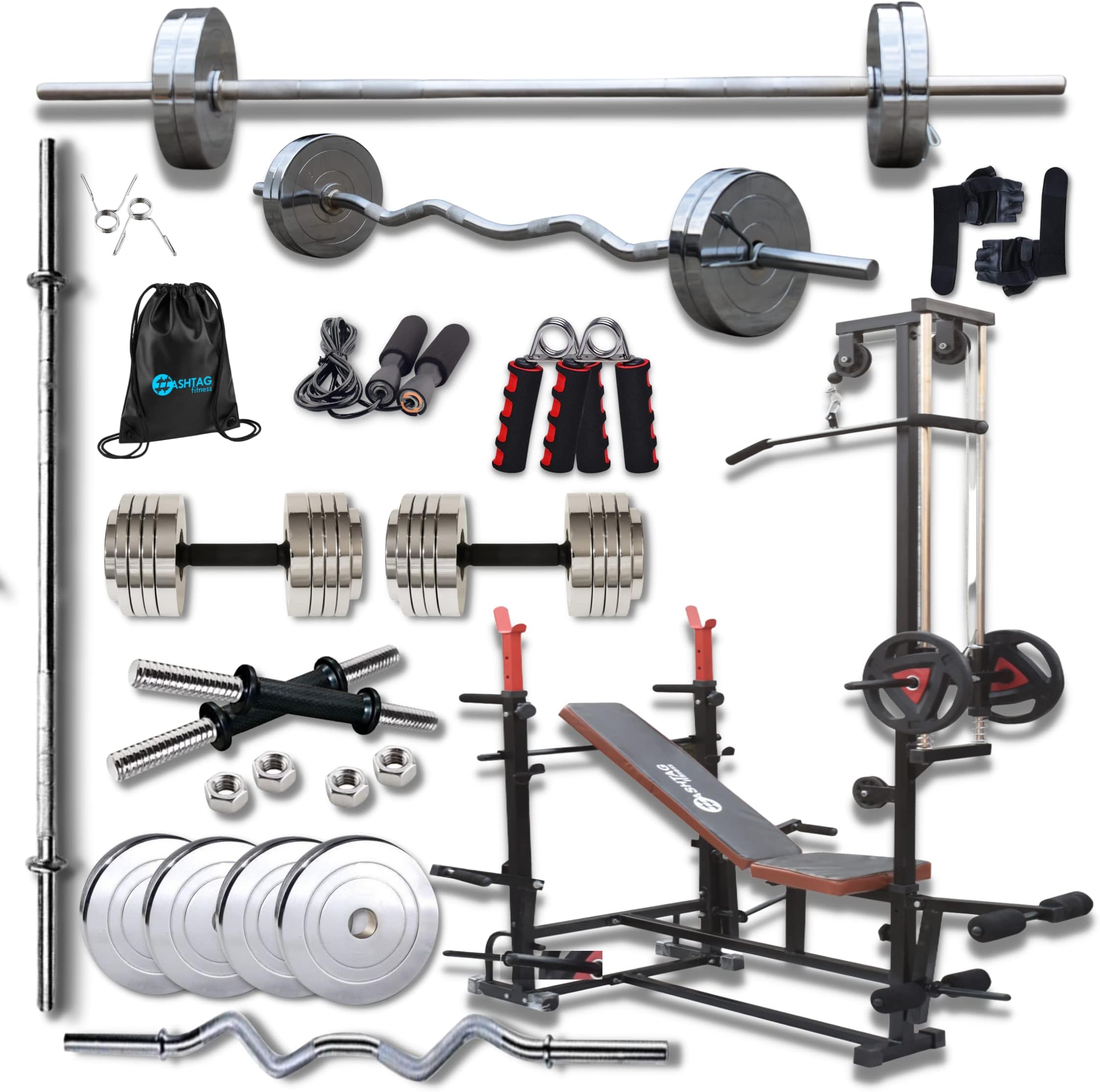 HASHTAG FITNESS 20 In 1 Bench With 50 Kg Steel Home Gym Equipment Set For Home Workout Fitness Equipment With Latpull Down Bench, Black