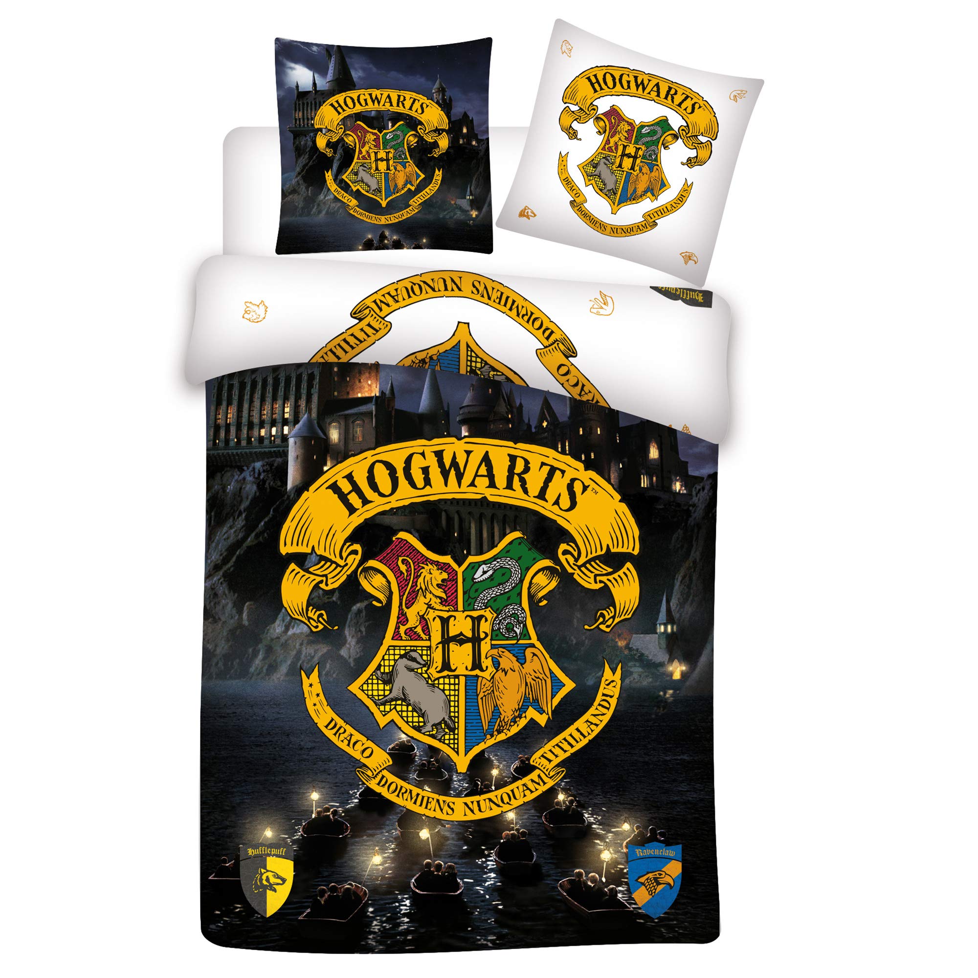 Harry Potter Wende-Bettwäsche Hogwarts 135 x 200 + 80 x 80 cm 100% Baumwolle Biber-Flanell-Qualität mit YKK-Reißverschluss Gryffindor Hufflepuff Ravenclaw Slytherin Weasley Hermine deutsche Größe