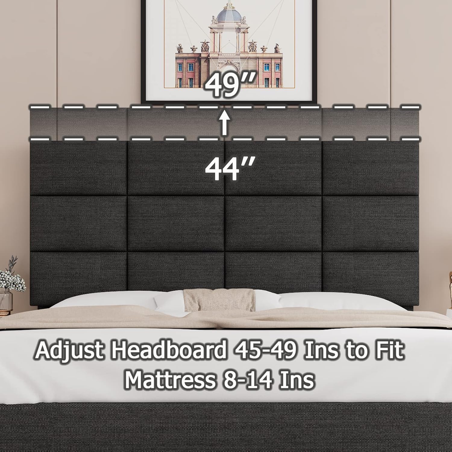 Illustration of adjustable headboard height from 45 to 49 inches