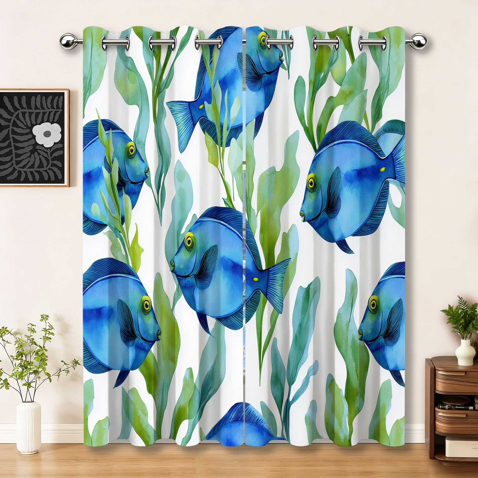 Verdunkelungsvorhänge mit Ösen H 175 × B 140 cm (2er Set), Aquarell Ozean Doktorfisch Bedruckte Thermo Vorhänge für Schlafzimmer & Kinderzimmer, Blickdichte Gardinen Lärmschutz, Weiß