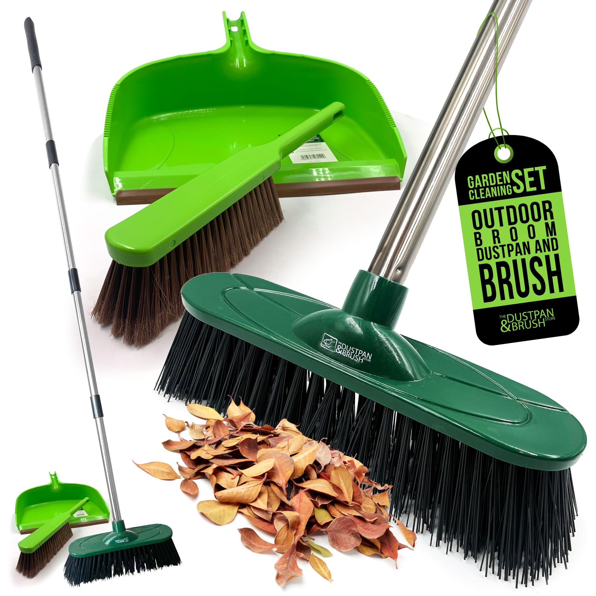 Tdbs The Dustpan And Brush Store Green Outdoor Broom And Garden Dustpan And Brush Sets, Stiff Bristles Brush And Pan Set, 4-Piece Handle Broom, Dustpan With Serrated Edges, Leaf Collector For Patio, Decking, Driveway Cleaning