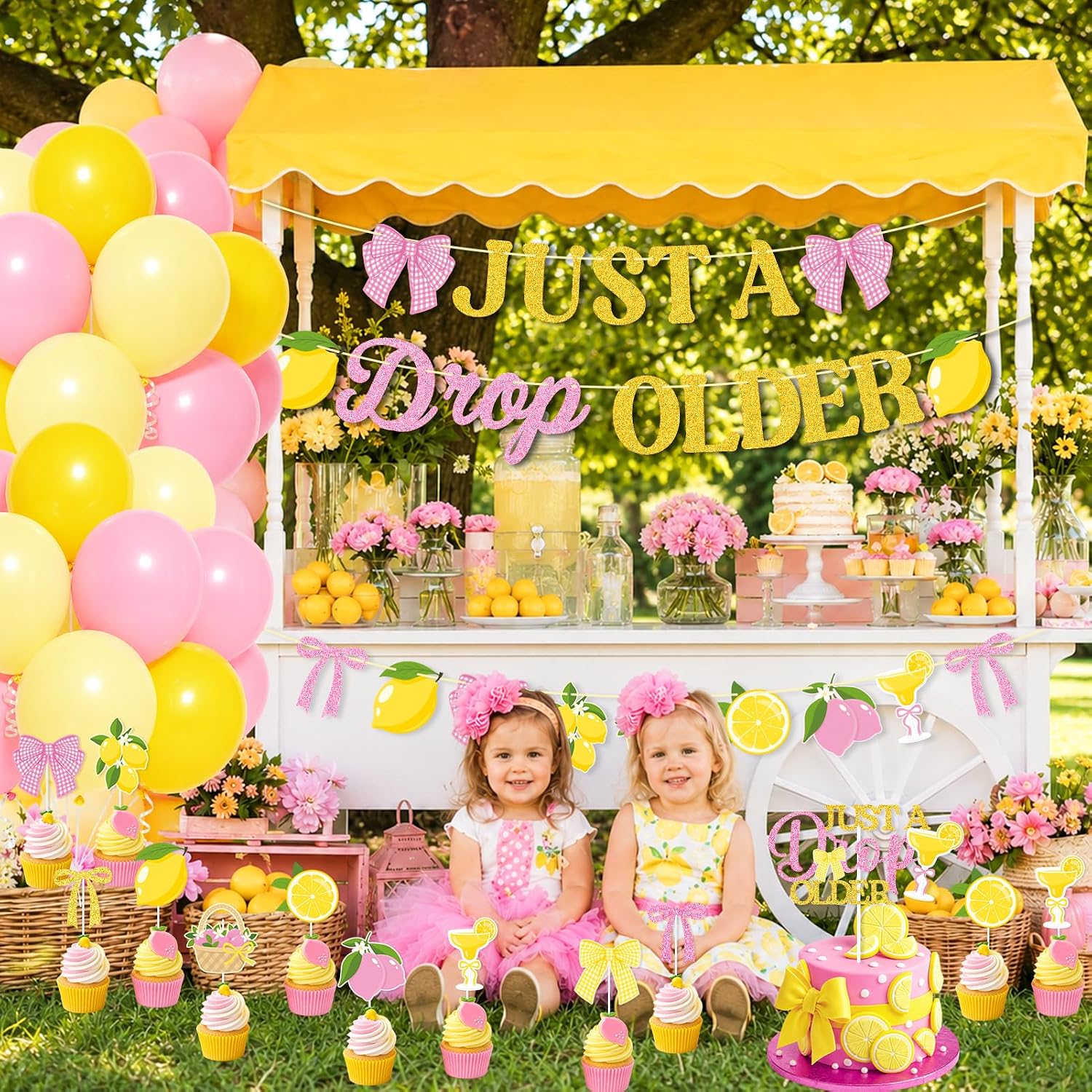 Lemon Party Decorations,Just a Drop Older Banner Yellow and Pink Lemonade Birthday Decorations Latex Balloons Bow Cake Topper for Women Birthday Bridal Shower MartiniParty Supplies image 5