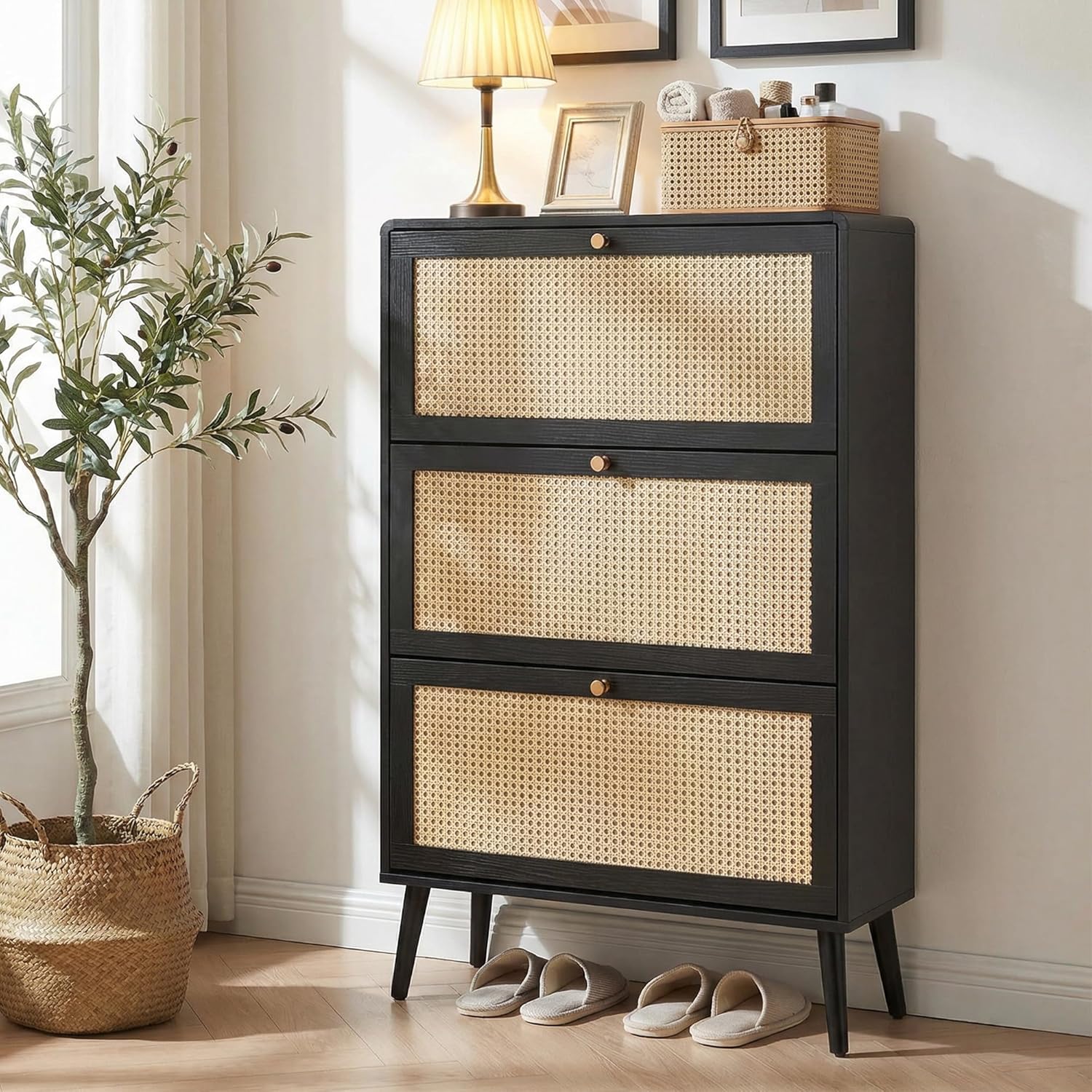 Rattan Shoe Cabinet with 3 Flip Drawers, Slim Shoe Storage Cabinet for Entryway, 24 Pairs Hidden Shoe Organizer with Adjustable Shelves, Boho Wood Shoe Rack with Curved Corners, Black