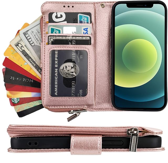 Funow Flip Case Wallet Case for iPhone 12 Mini 5.4 Inch with Credit Card Holder Shockproof Premium PU Leather Anti-Scratch Zipper Pocket Magnetic Clasp for iPhone 12 Mini 5.4 Inch (Rose Gold)