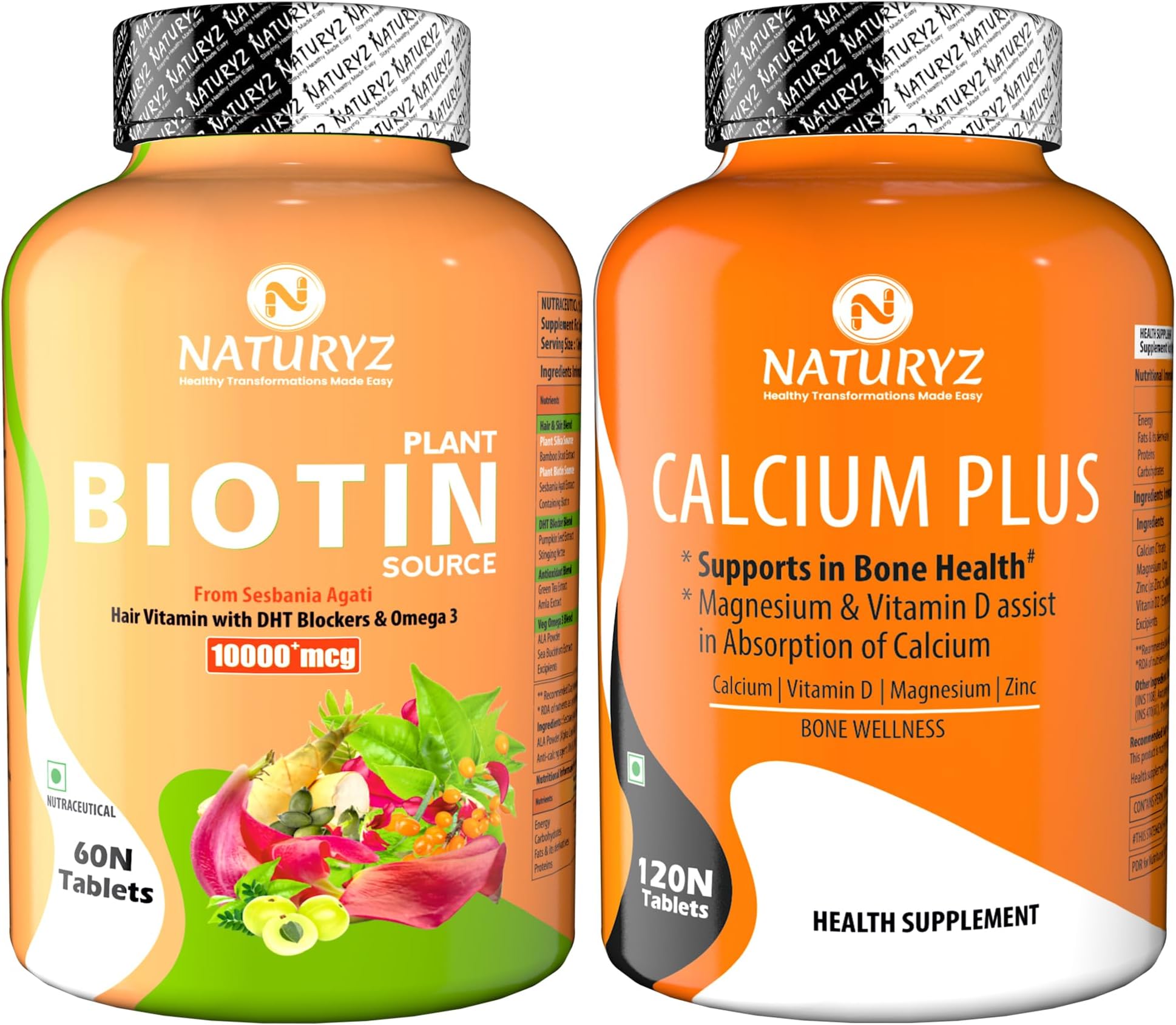 100% Plant Based Biotin Tablets with High Protein Vitamin DHT Omega 3 for Strong Hairs Nails Growth Glowing Skin & Calcium Plus with Vitamin D Magnesium Zinc Supplement for Bone Health