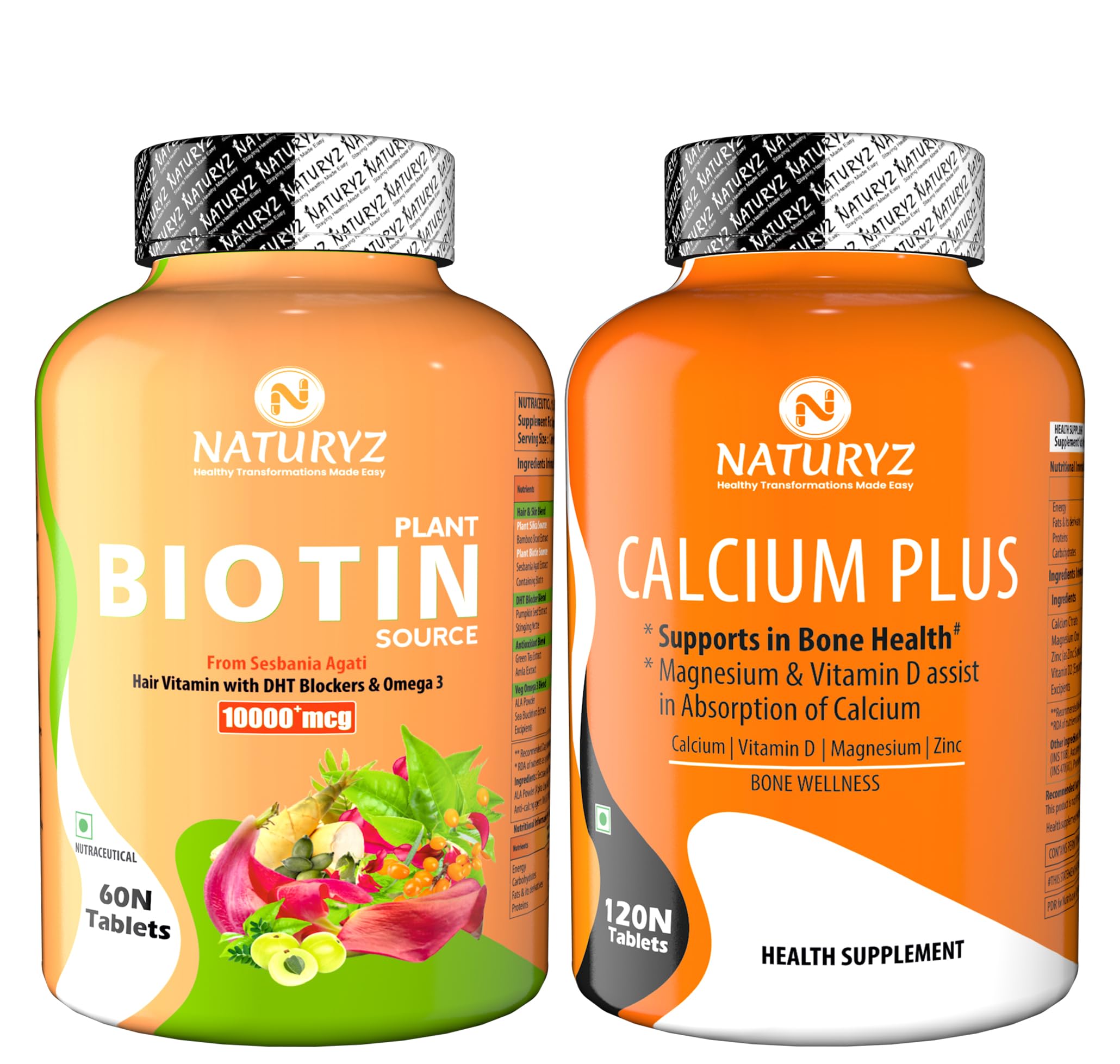 100% Plant Based Biotin Tablets with High Protein Vitamin DHT Omega 3 for Strong Hairs Nails Growth Glowing Skin & Calcium Plus with Vitamin D Magnesium Zinc Supplement for Bone Health