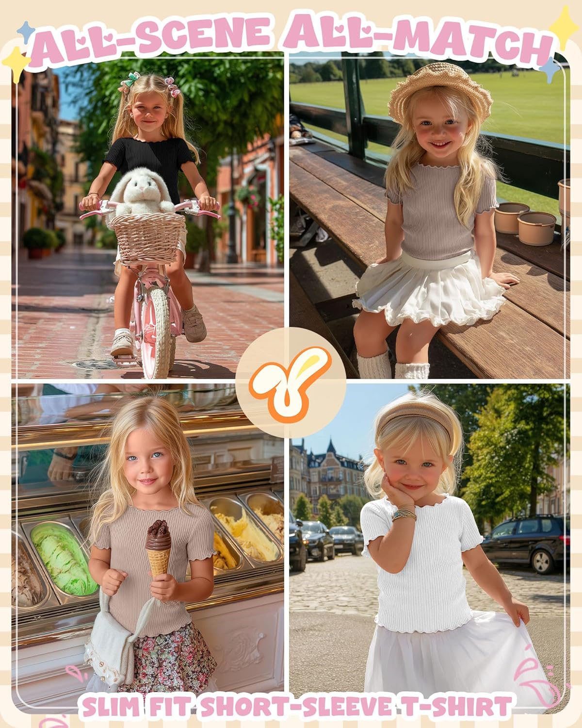 3 Pack Toddler Girls Short Sleeve Tees 90% Cotton Ribbed T-Shirts Boat Neck Lettuce Trim Solid Casual Tops 18M-5T