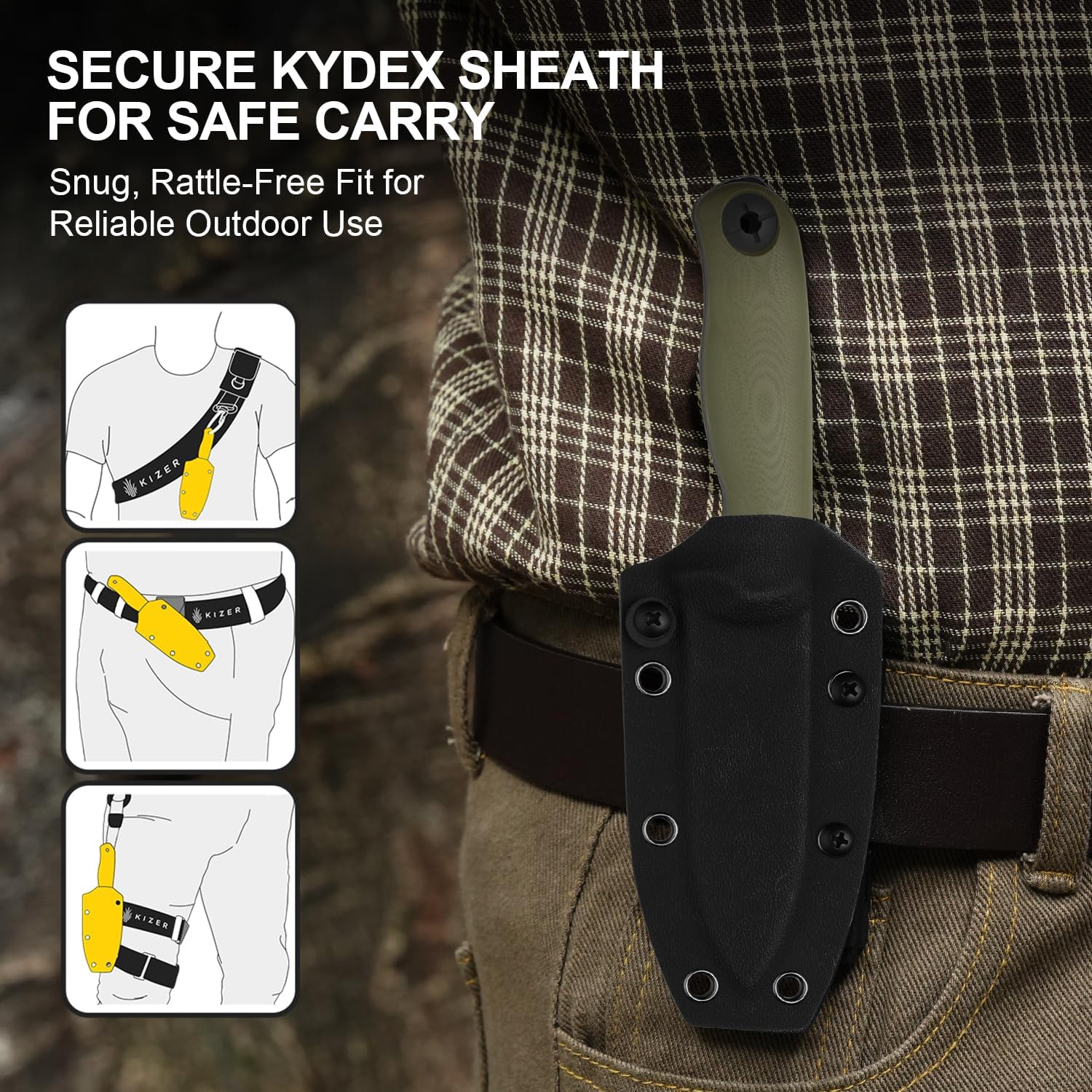 Kizer Drop Bear Fix 3 Fixed Blade Knife, 3.8" D2 Blade EDC Camping Knife with Olive Green G10 Handle, Small Hunting Knives with Sheath, Outdoor Survival Knives with Pocket Clip and Lanyard, 1101M1 - Image 7