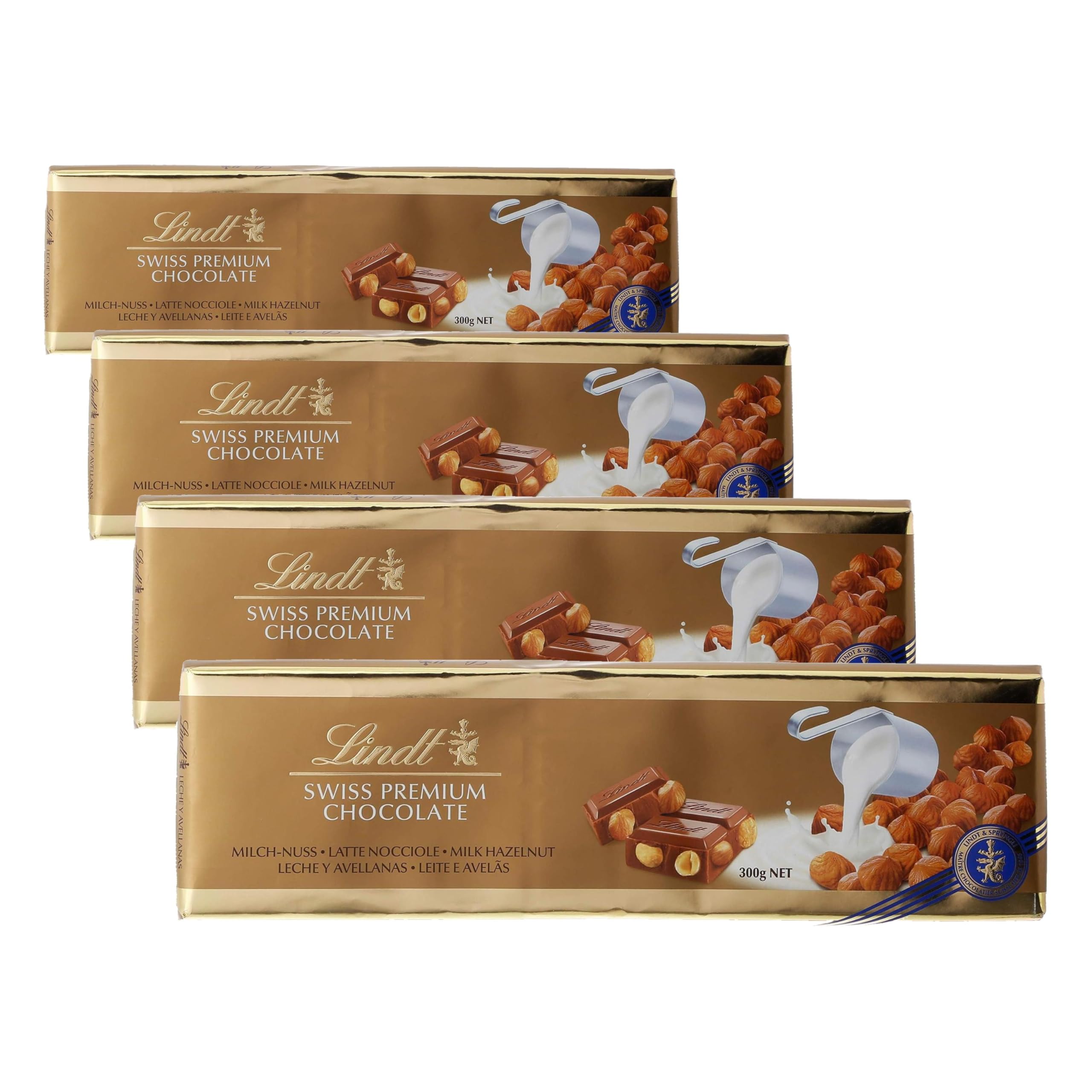 Lindt Tableta de Chocolate con Leche y Avellanas, cremoso y suave, chocolate suizo tradicional, 300 g (Paquete de 4)