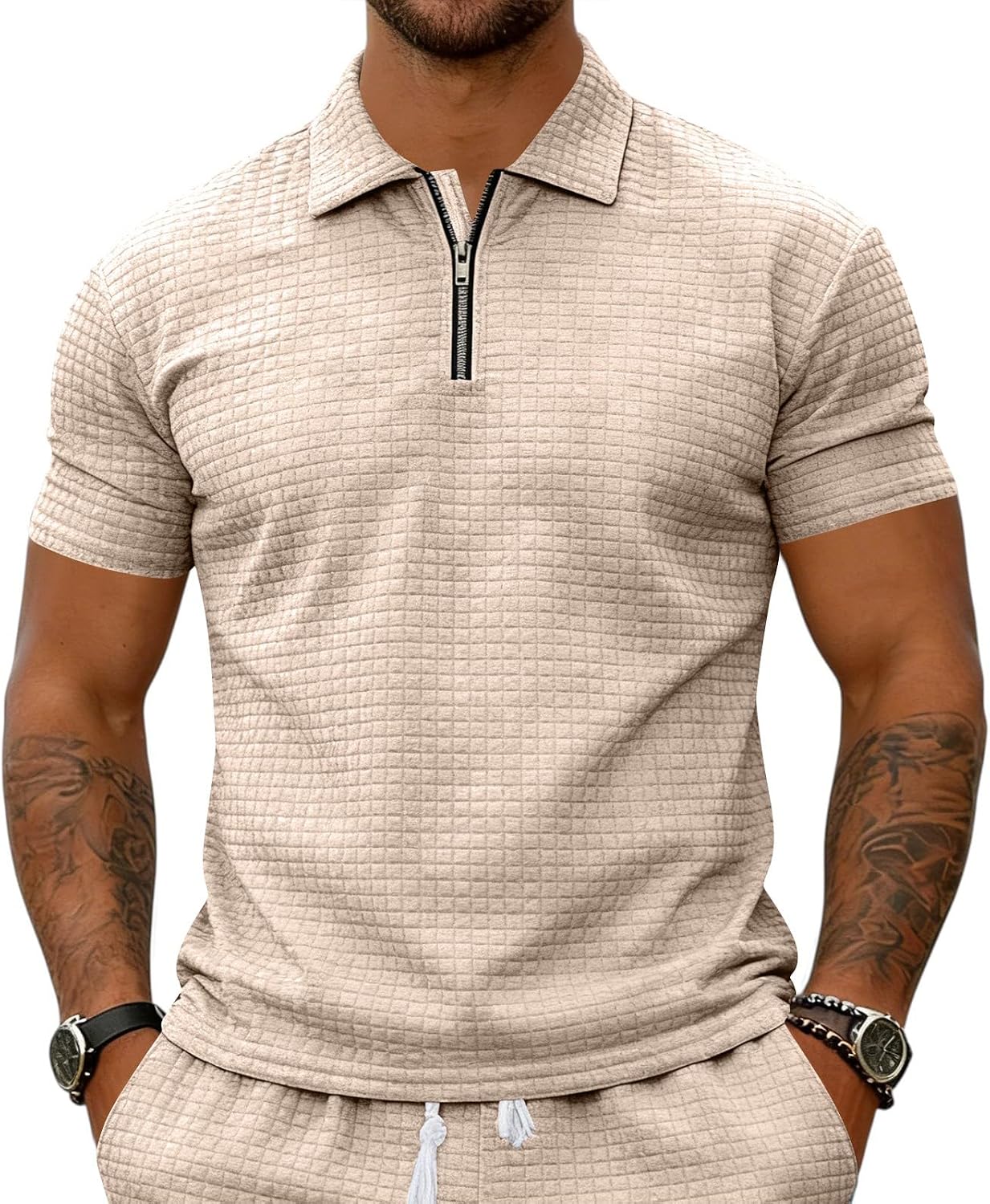 Ymosrh Men's Summer Polo Shirts Short Sleeve Quarter Zip Plaid Business Casual Golf Shirts, S-3XL