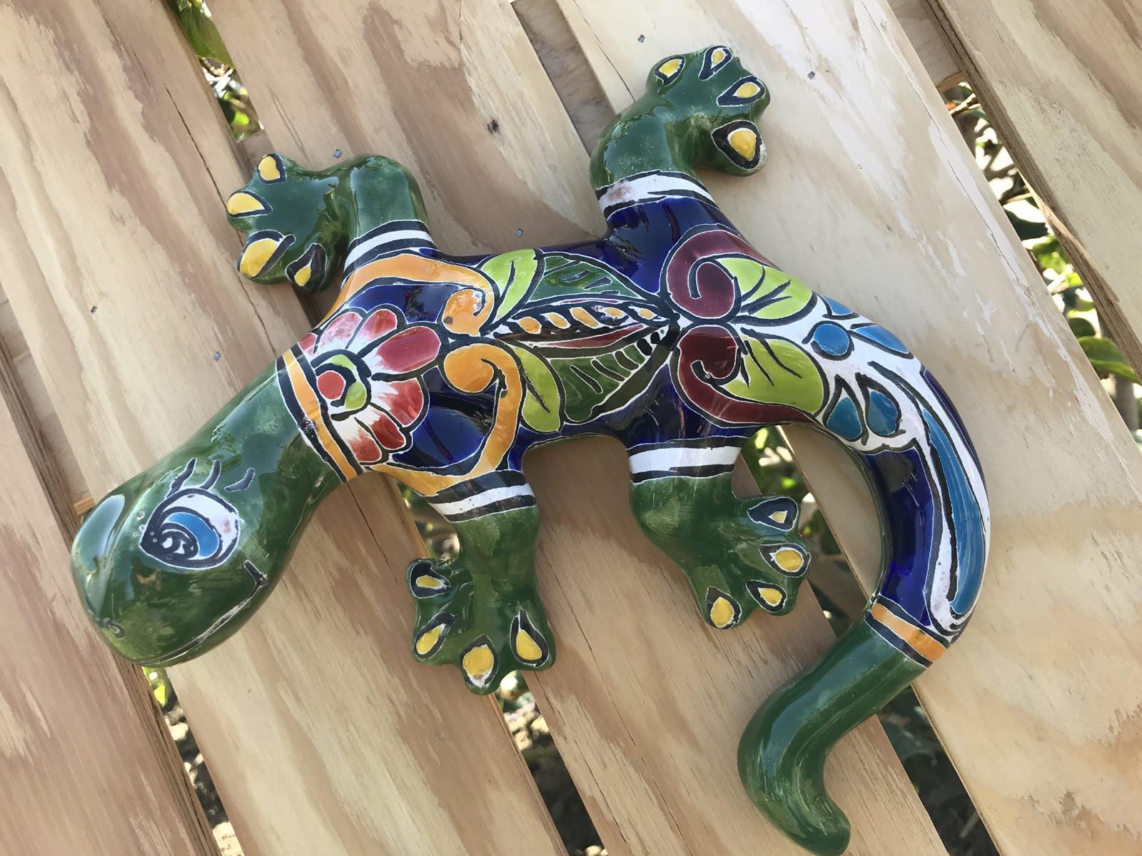 Authentic Puebla Talavera Ceramic Iguana 8" Pottery Mexico Hand Painted Hanging Wall Art Decor! Lifelike Shape Gecko Style Lizard [Green Blue Tail]