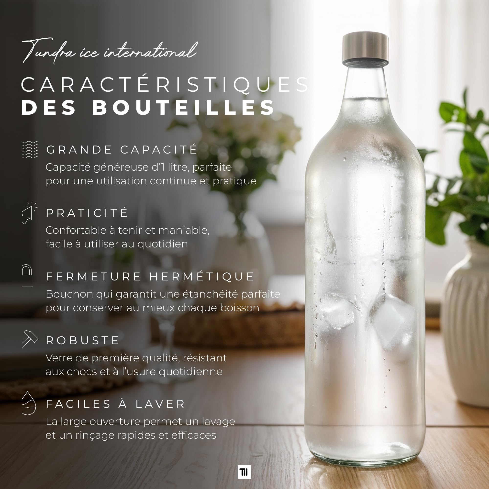 TUNDRA - Lot de 6 Bouteille Verre 1L avec 6 Bouchons à Vis et 1 Entonnoir | Ligne ELVIA | Bouteilles en Verre 1 Litre MADE IN GERMANY, Résistantes et Lavables au Lave-Vaisselle