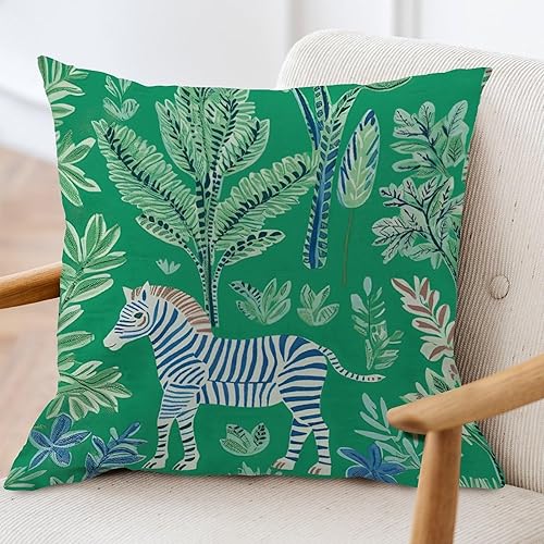 Miniatura 3 de ArogGeld Funda de cojín verde con cebra y burro, diseño de árbol verde y animal, decoración del hogar, fundas de almohada asiáticas, escénicas y