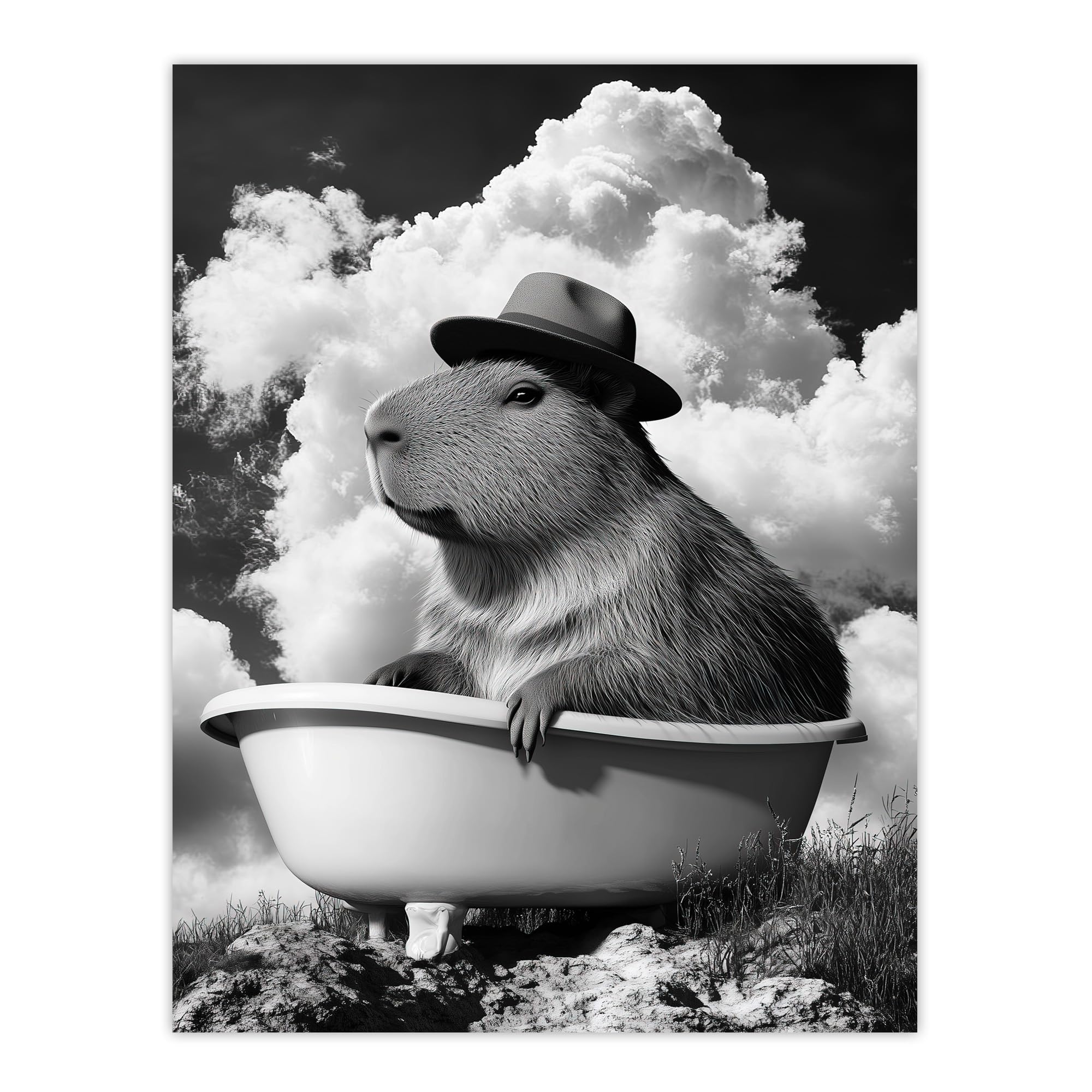 Artery8 Capybara with Hat in Bathtub Black White Surreal Bathroom Toilet Extra Large XL Wall Art Poster Print