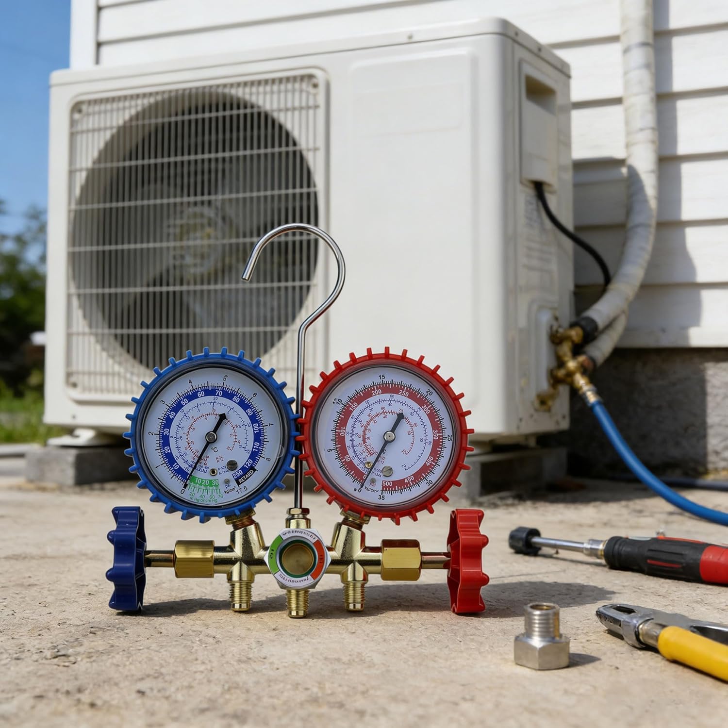 3-Way AC Manifold Gauge Set for R134A R12 R22 R502 Refrigerants, with Quick Couplers, 410 Adapter, Can Tap & Valve Core Tool, HVAC AC Diagnostic Tool for Car Auto Household Refrigeration Maintenance