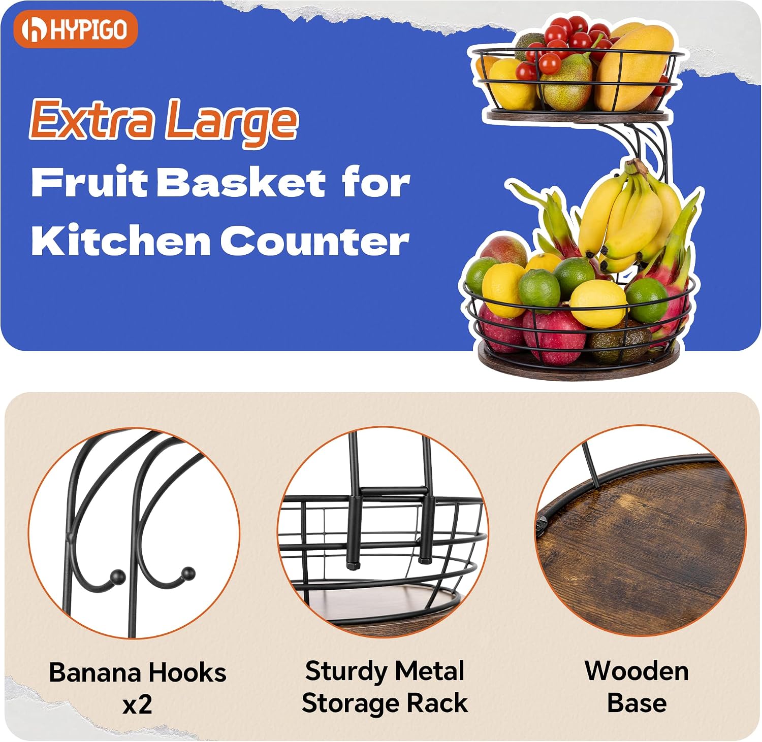 HYPIGO 2 Tier Large Fruit Basket for Kitchen Counter with 2 Banana Hangers