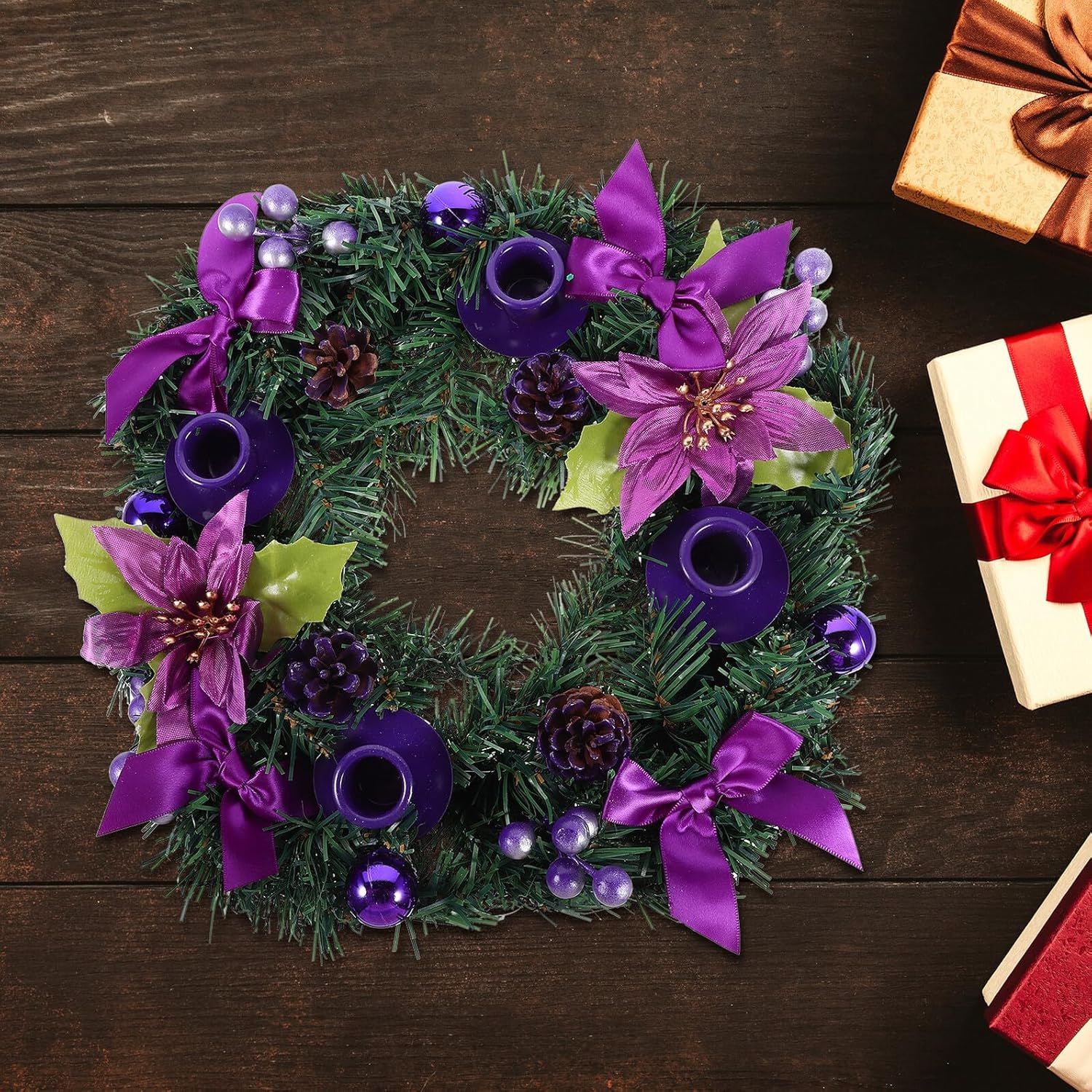 FOMIYES Christmas Wreath Candle Holder with Simulation Garland, Winter Table Decor for Holiday Party, Xmas Candle Ring Accent for Seasonal Home Decoration