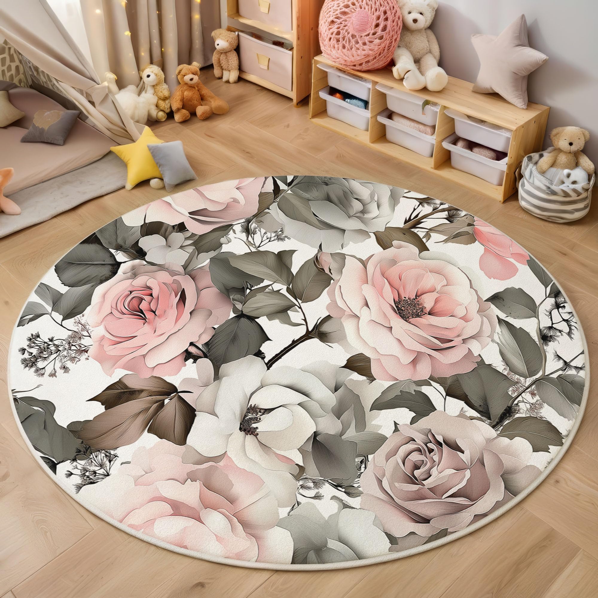 Tapis Rond Salon 90 Cm - Imprimé Abstrait Rose/noir, Antidérapant, Lavable En Machine, Pour Intérieur/extérieur - 8